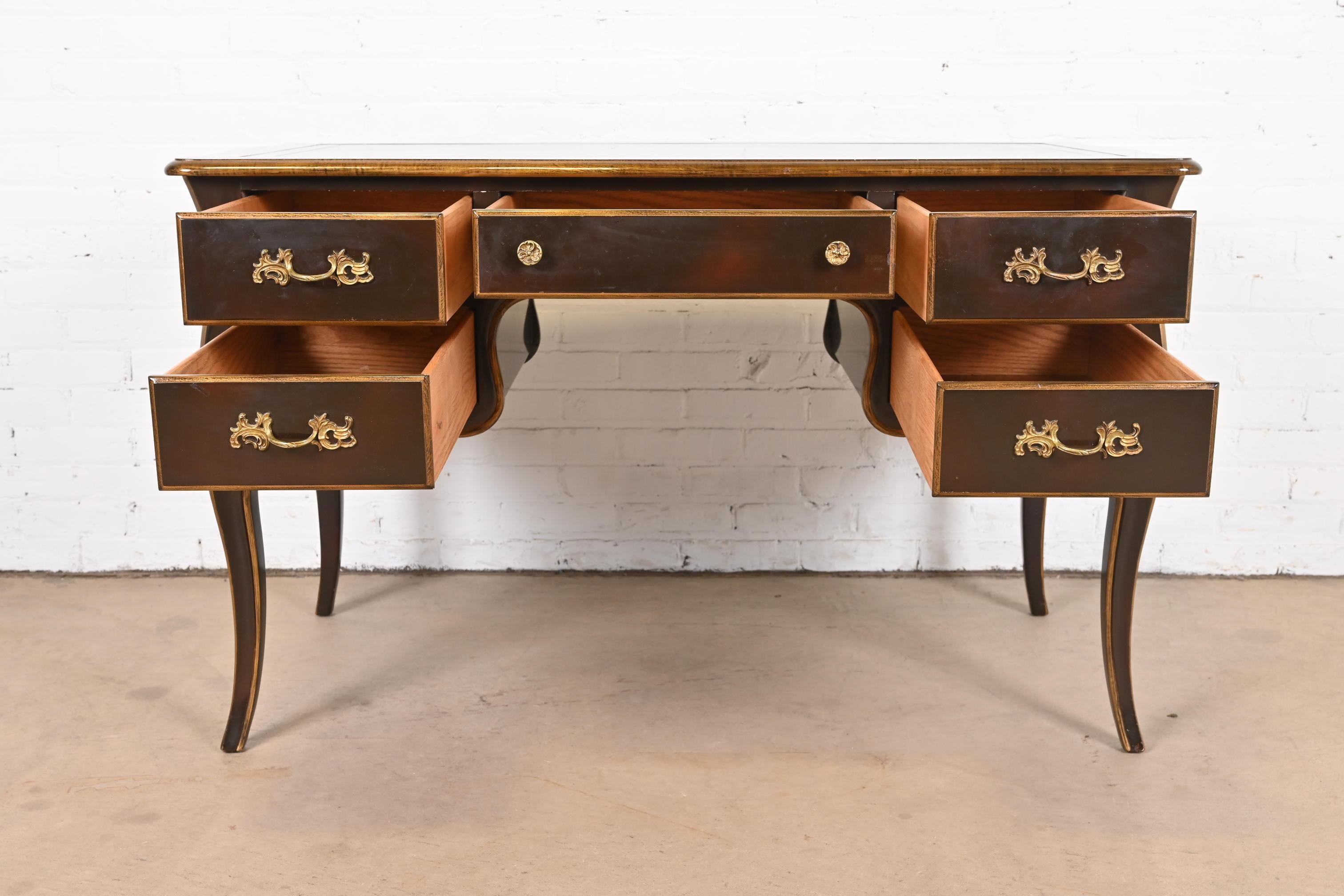 Brass Bodart Louis XV Mahogany and Gold Gilt Leather Top Bureau Plat Desk, Circa 1960s