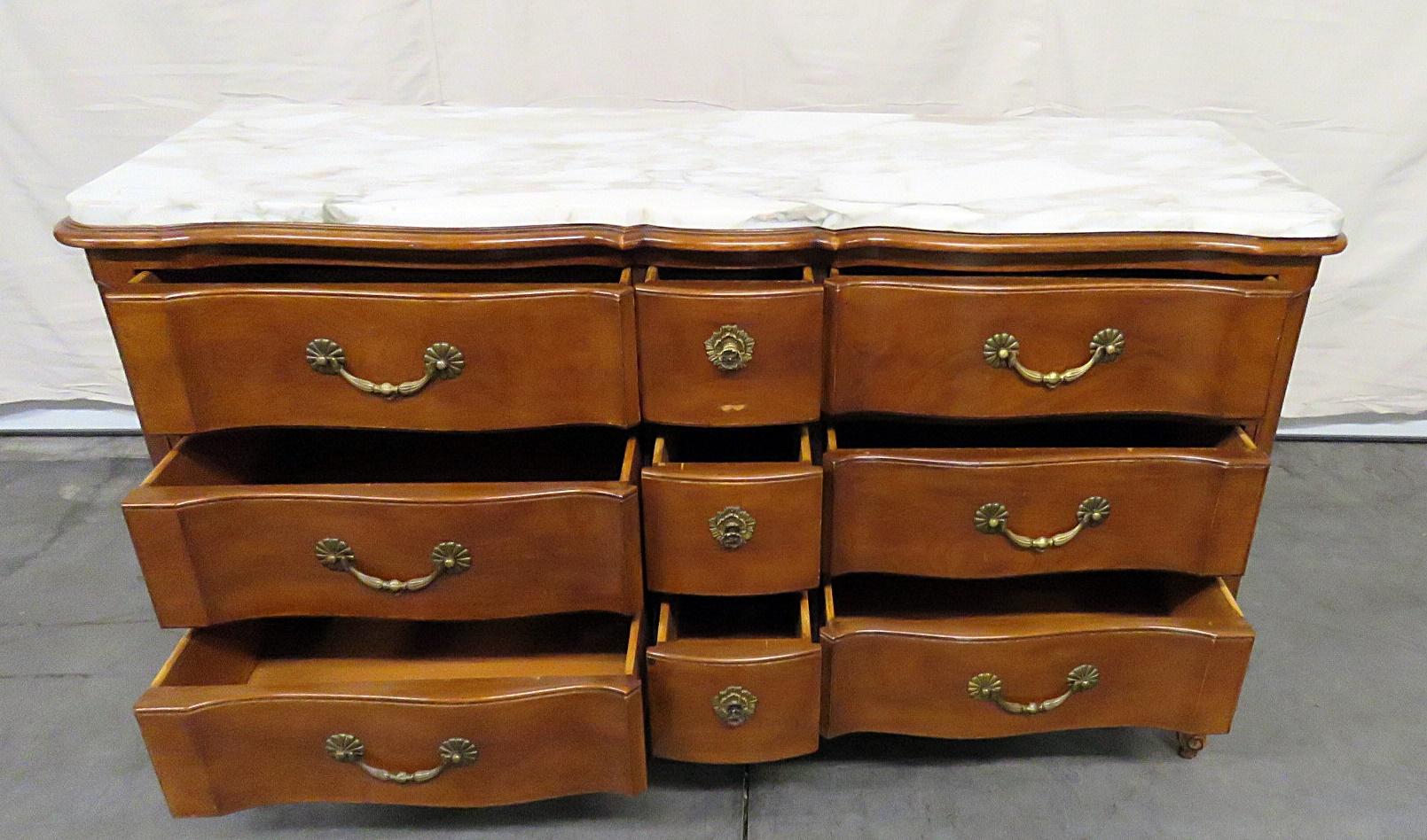 Nine Drawer French Louis XV Style Marble Top Dresser Buffet In Good Condition In Swedesboro, NJ
