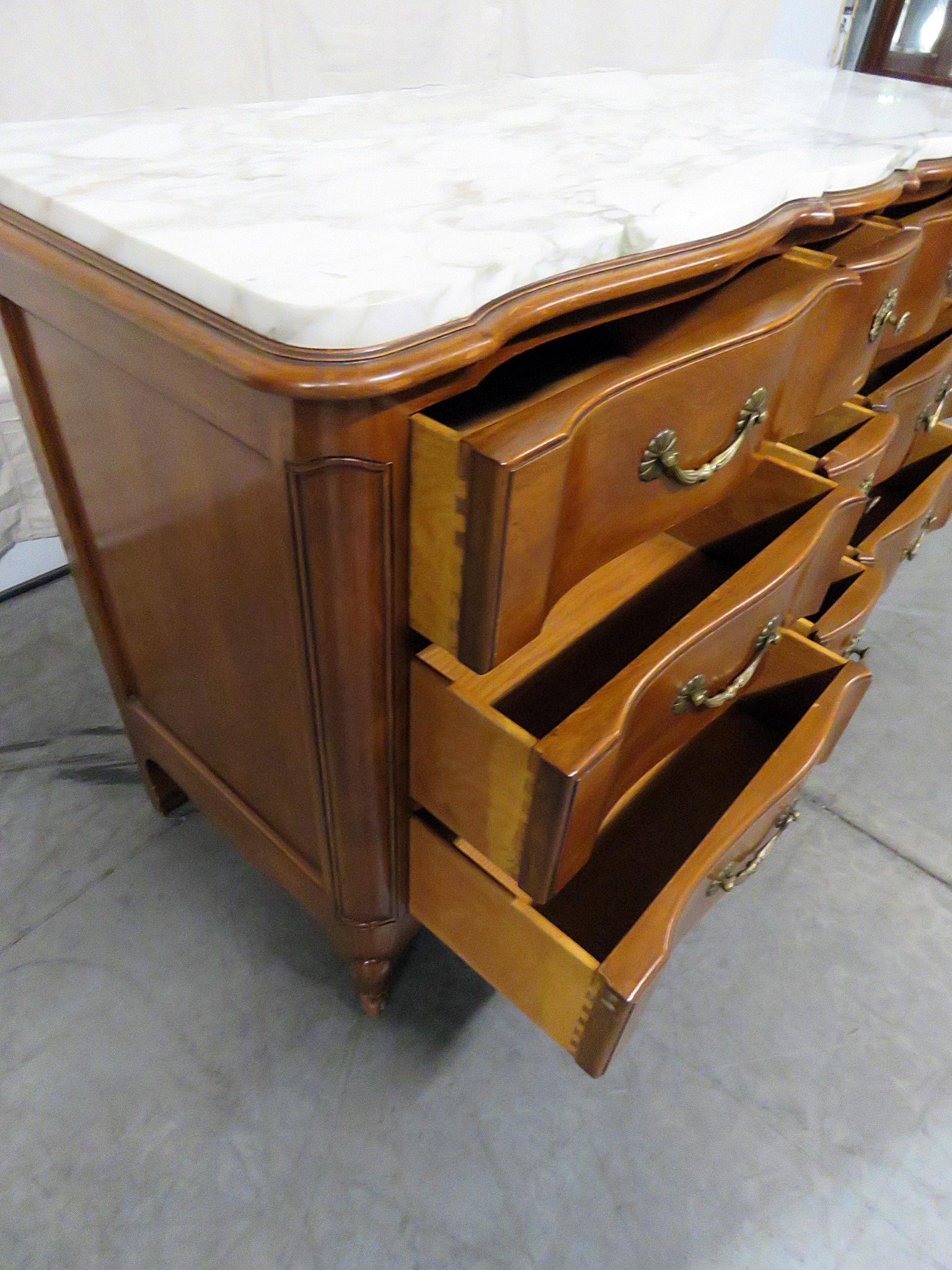 20th Century Nine Drawer French Louis XV Style Marble Top Dresser Buffet 