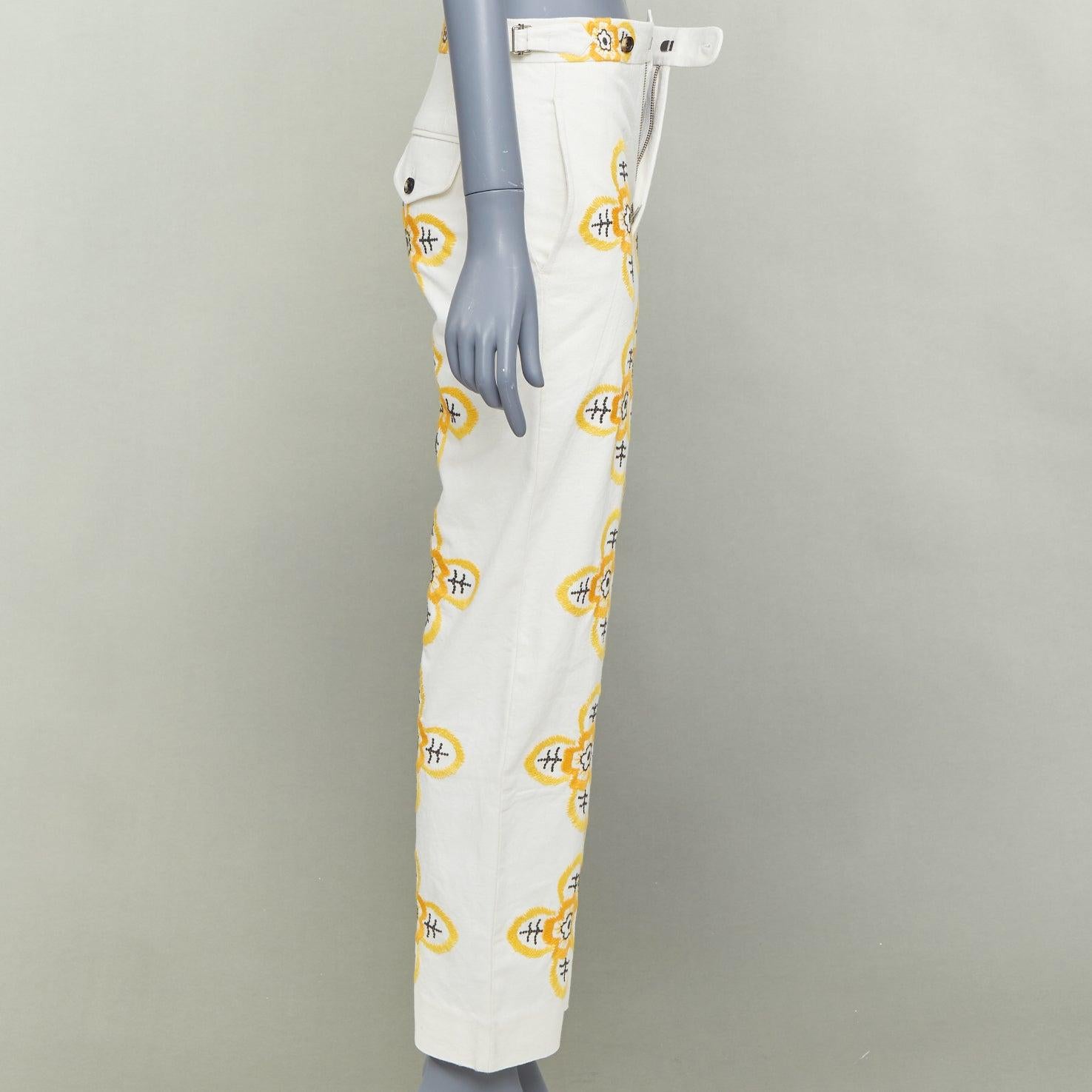 BODE Pantalon droit Buttercup écru jaune broderie florale 25