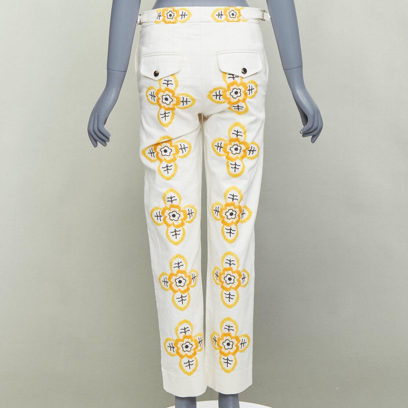 BODE Pantalon droit Buttercup écru jaune broderie florale 25