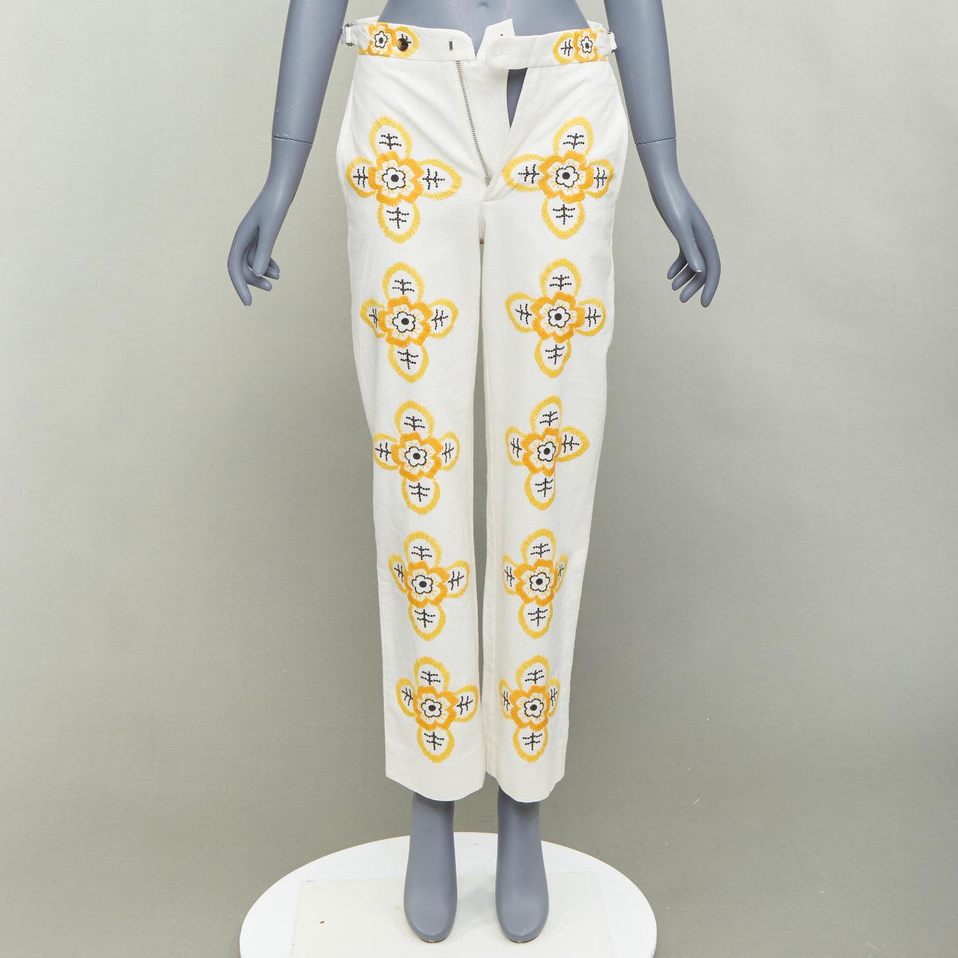 BODE Pantalon droit Buttercup écru jaune broderie florale 25