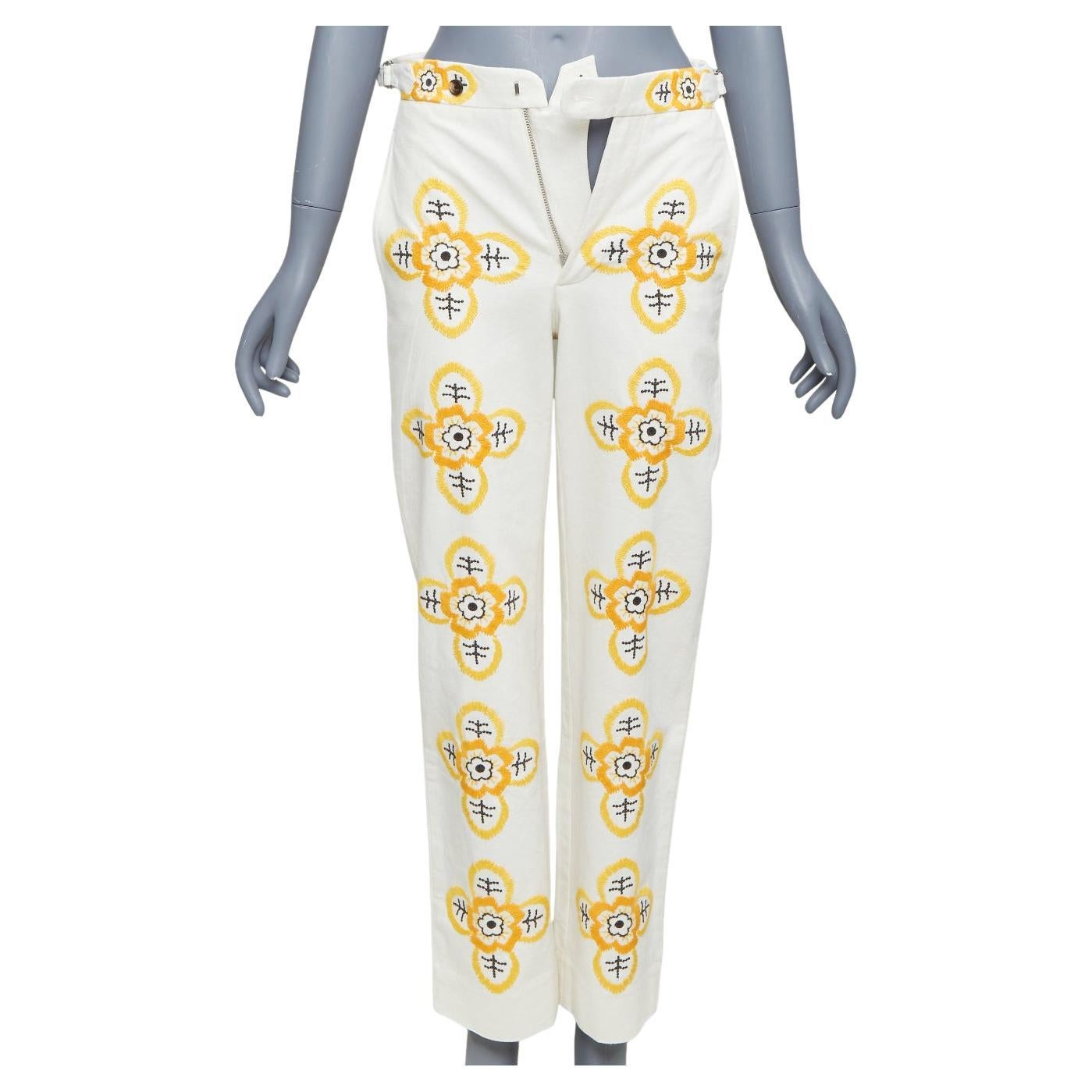 BODE Pantalon droit Buttercup écru jaune broderie florale 25"