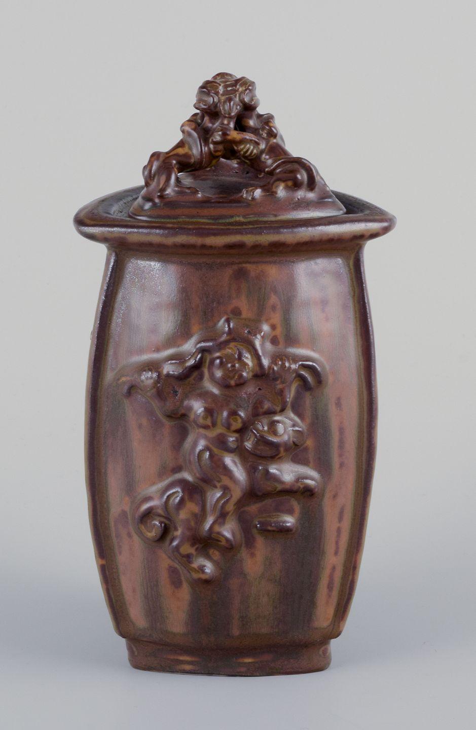 Danish Bode Willumsen for Royal Copenhagen. Lidded jar made of sung glazed earthenware. For Sale