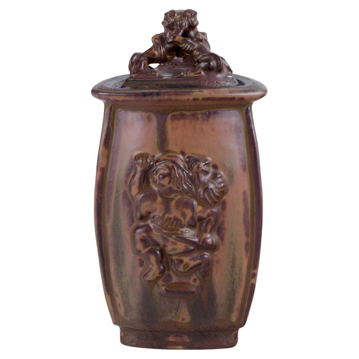 Bode Willumsen for Royal Copenhagen. Lidded jar made of sung glazed earthenware. For Sale