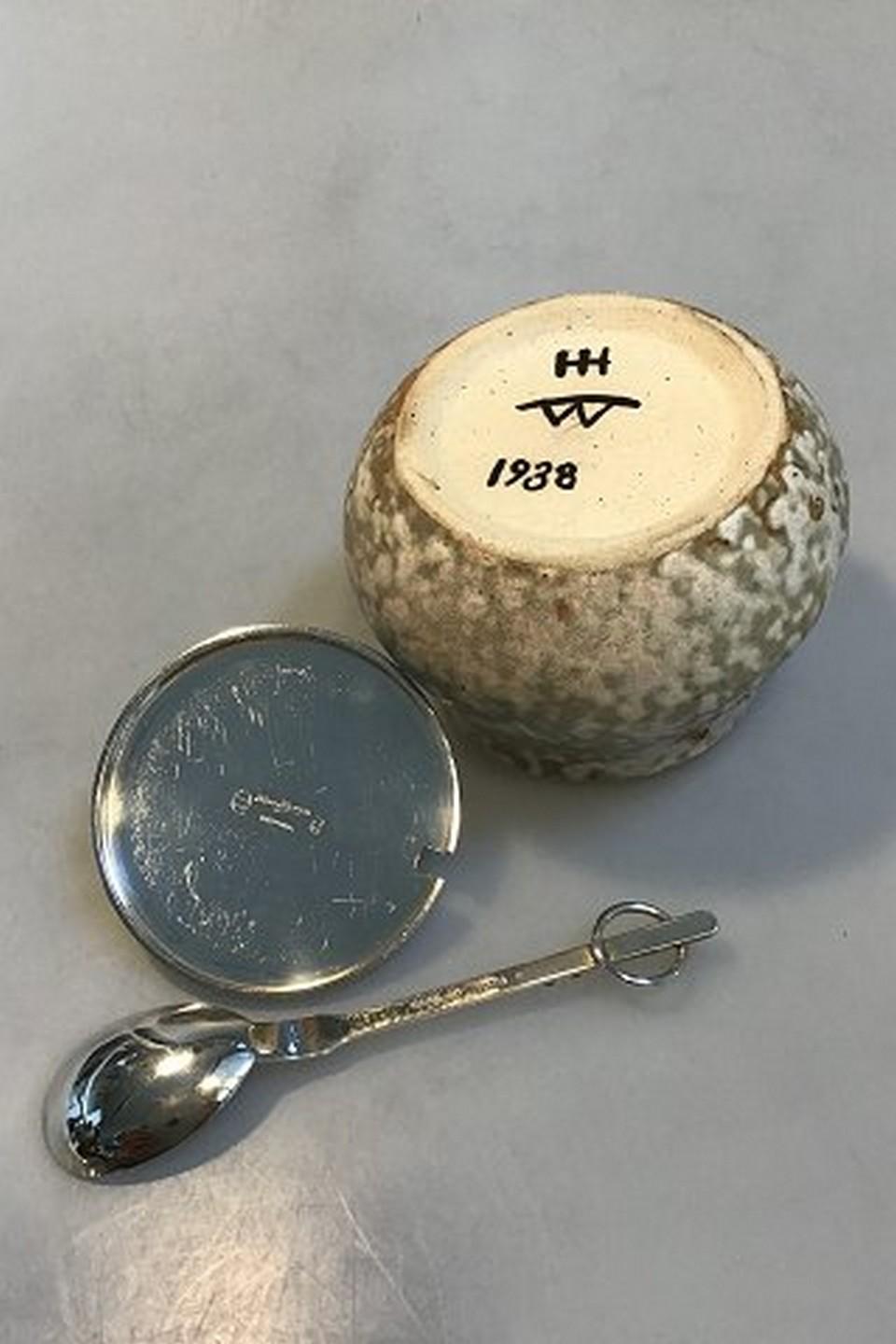 Danish Bode Willumsen Hans Hansen Jam Jar Sterling Silver Lid and Spoon Jam Jar For Sale