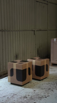 Bodega Side Table, Nightstand in Warm Wood Marquetry Veneer by Joel Escalona