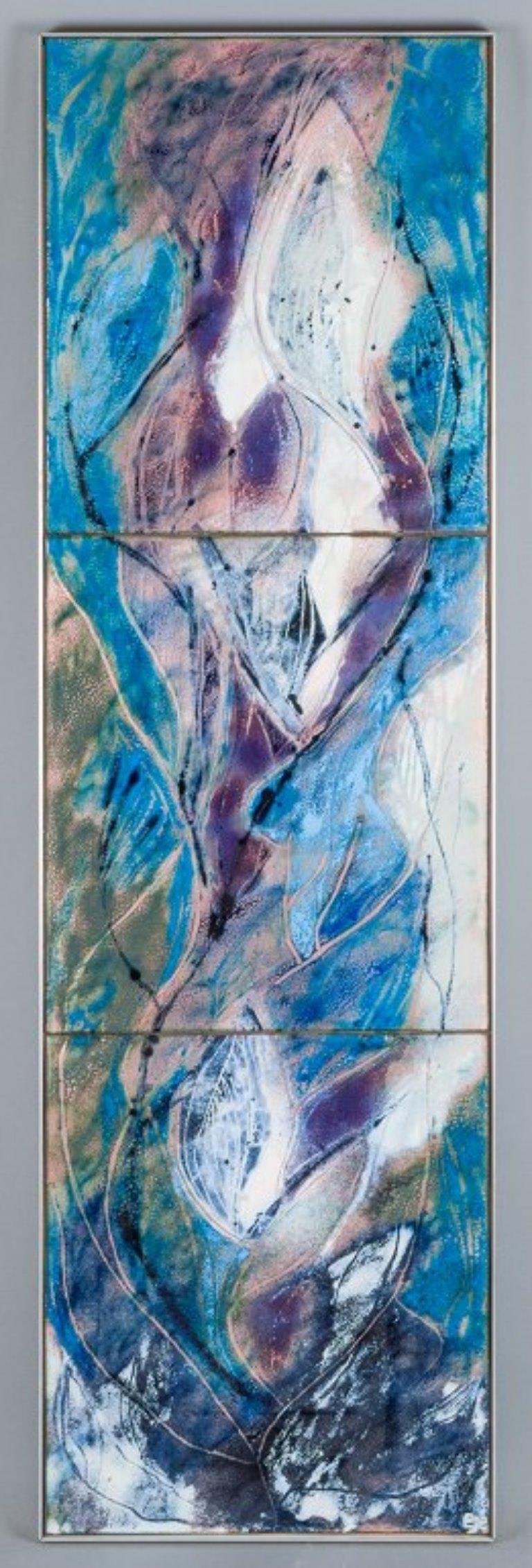 Bodil Eje (1931 - 2006), a listed Danish artist. Triptych abstract composition.
Enamel on metal mounted on board. 
Approximately from the 1960s.
Signed Eje.
Perfect condition.
Total dimensions: W 31.0 cm x H 102.0 cm.