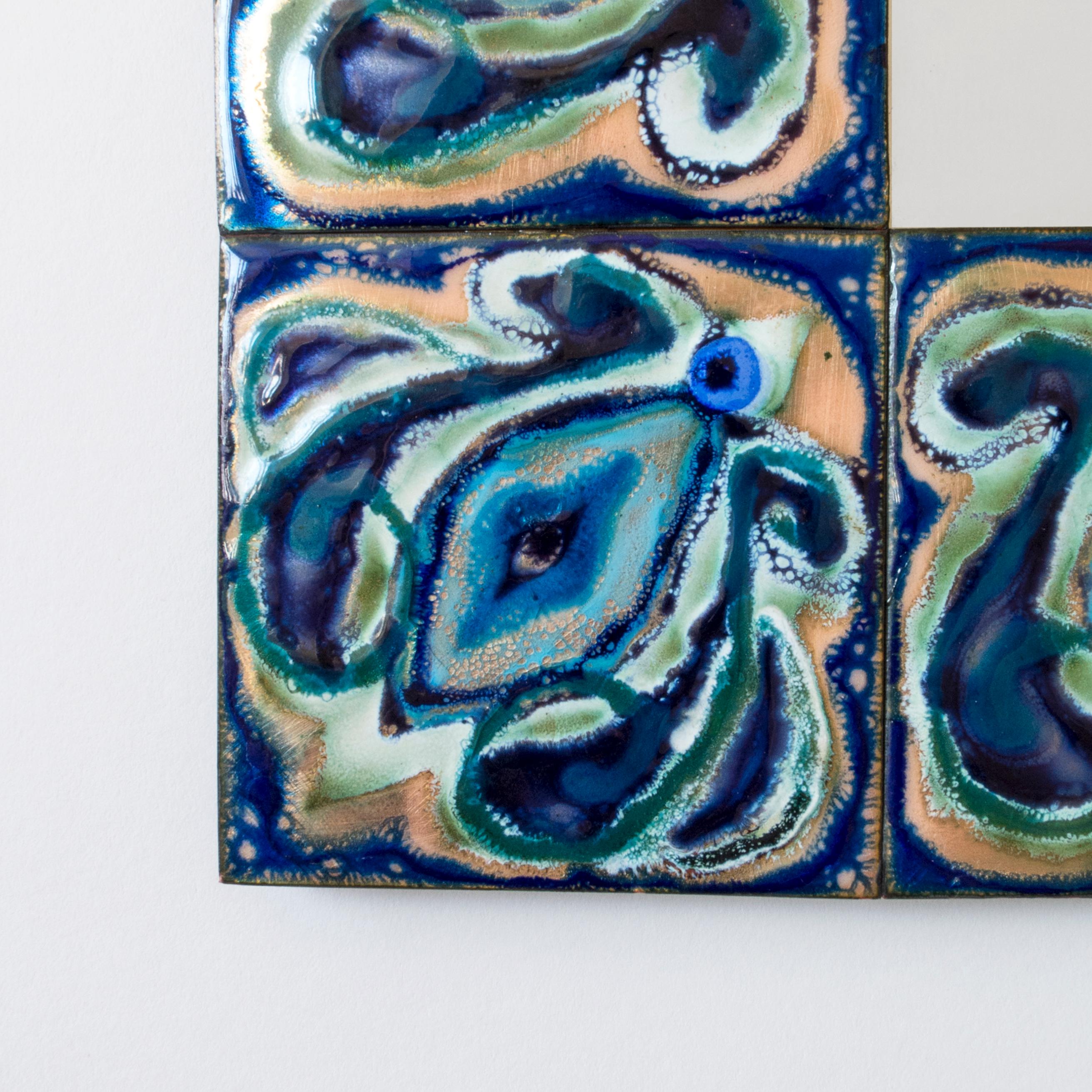 Danish Bodil Eje, Unique Evergreen and Cobalt Enameled Copper Rectangular Wall Mirror