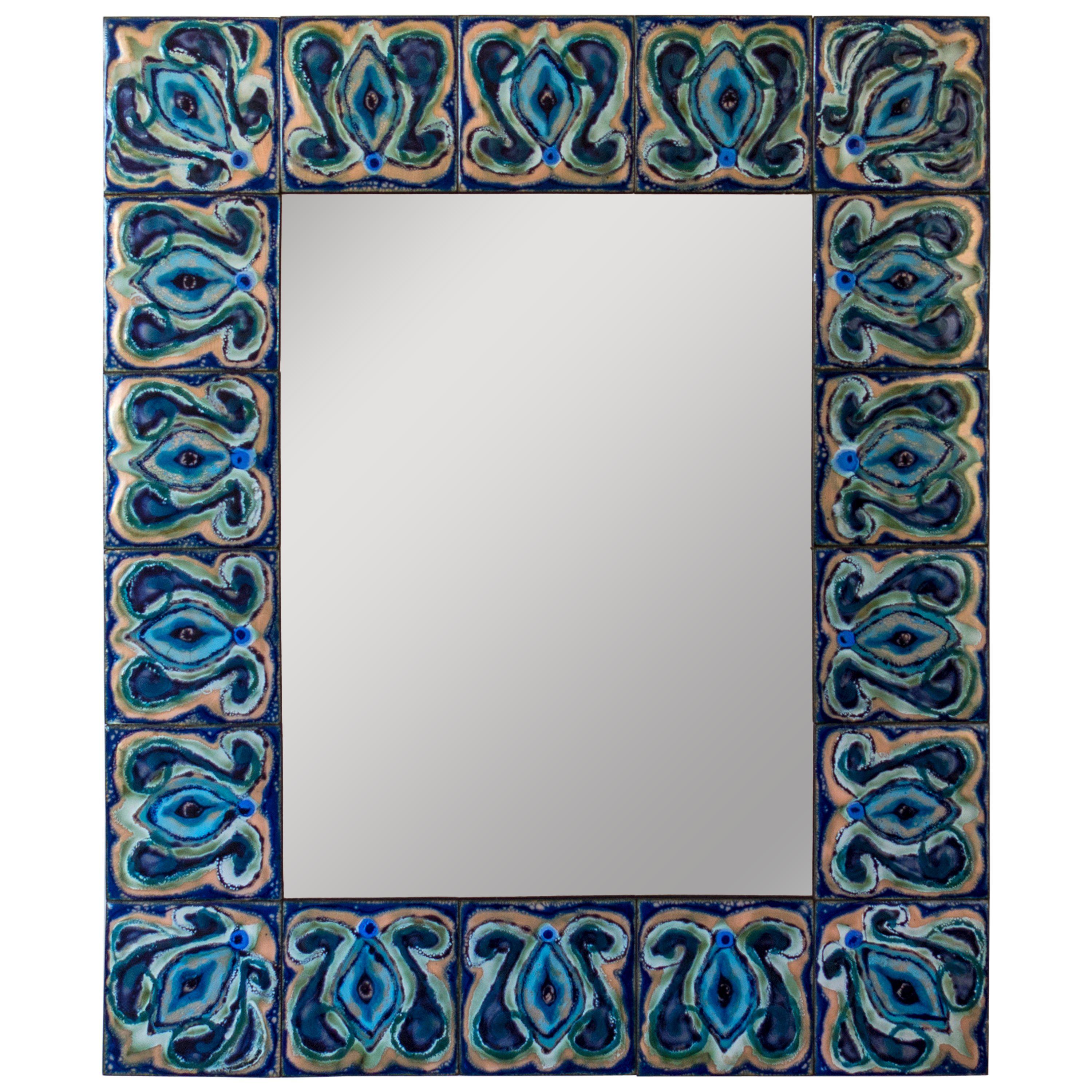 Bodil Eje, Unique Evergreen and Cobalt Enameled Copper Rectangular Wall Mirror