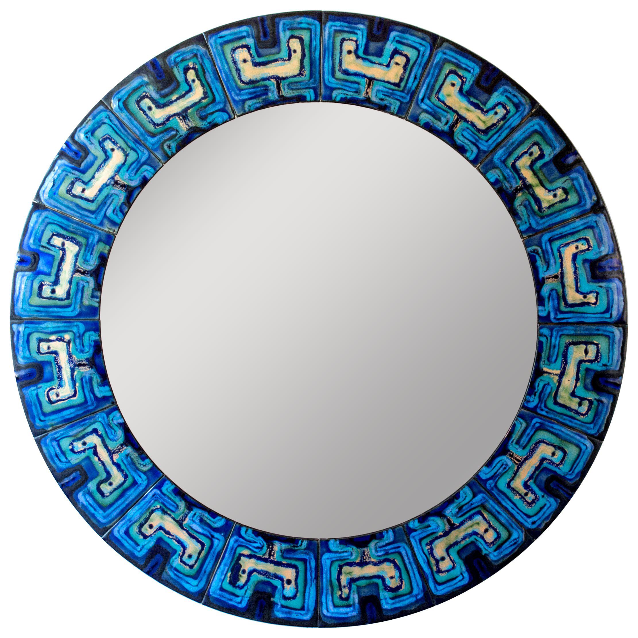 Bodil Eje, Unique Turquoise and Persian Blue Mid-Century Circular Enamel Mirror For Sale
