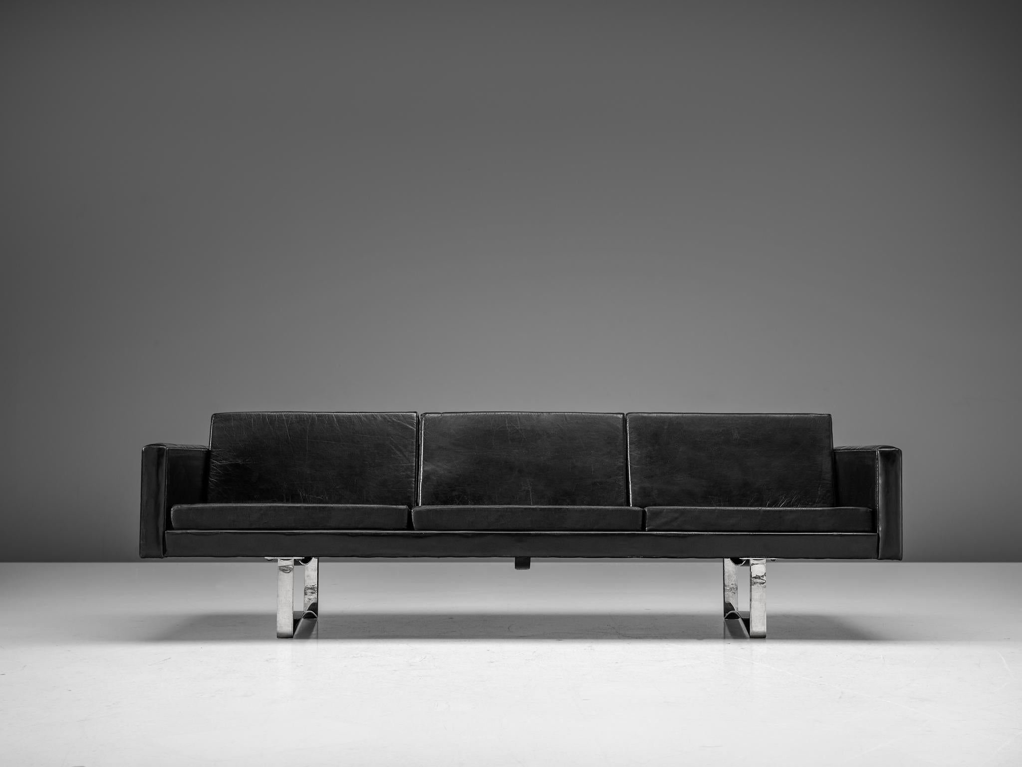 Scandinavian Modern Bodil Kjaer Sofa in Black Leather and Steel For Sale