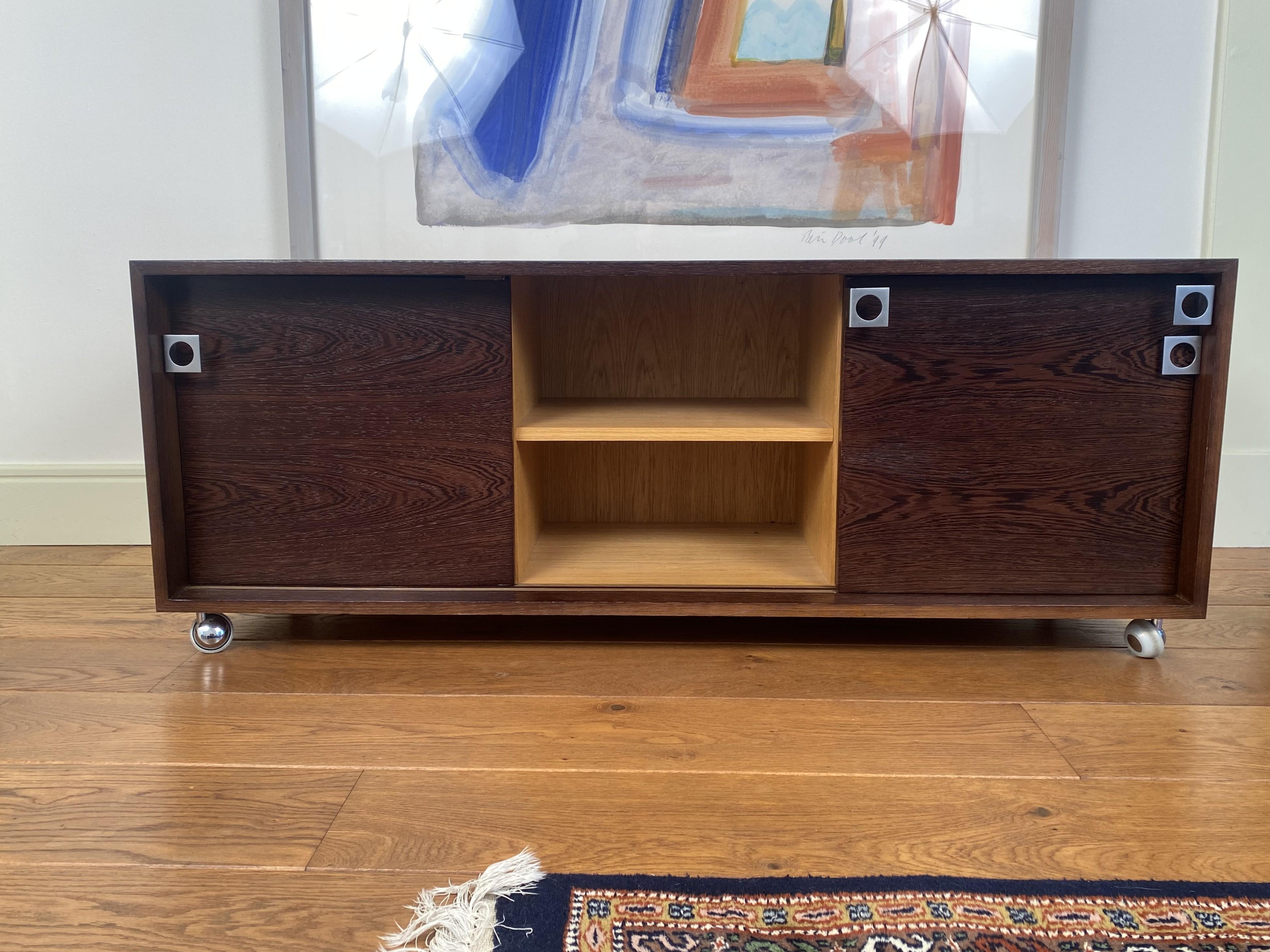 Mid-20th Century Bodil Kjaer desk cabinet/sideboard with sliding doors on castors, Denmark 1960s For Sale