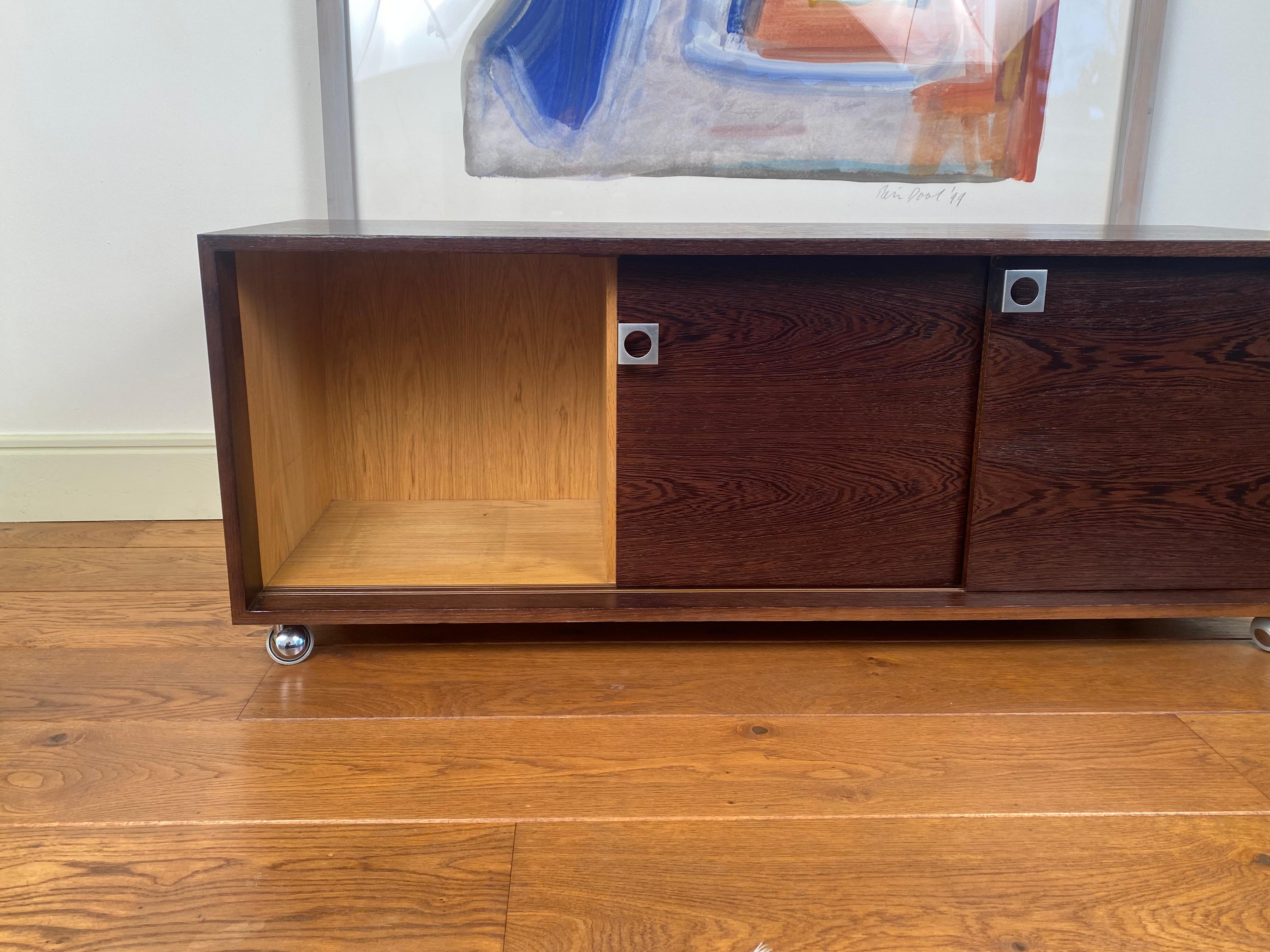 Metal Bodil Kjaer desk cabinet/sideboard with sliding doors on castors, Denmark 1960s For Sale