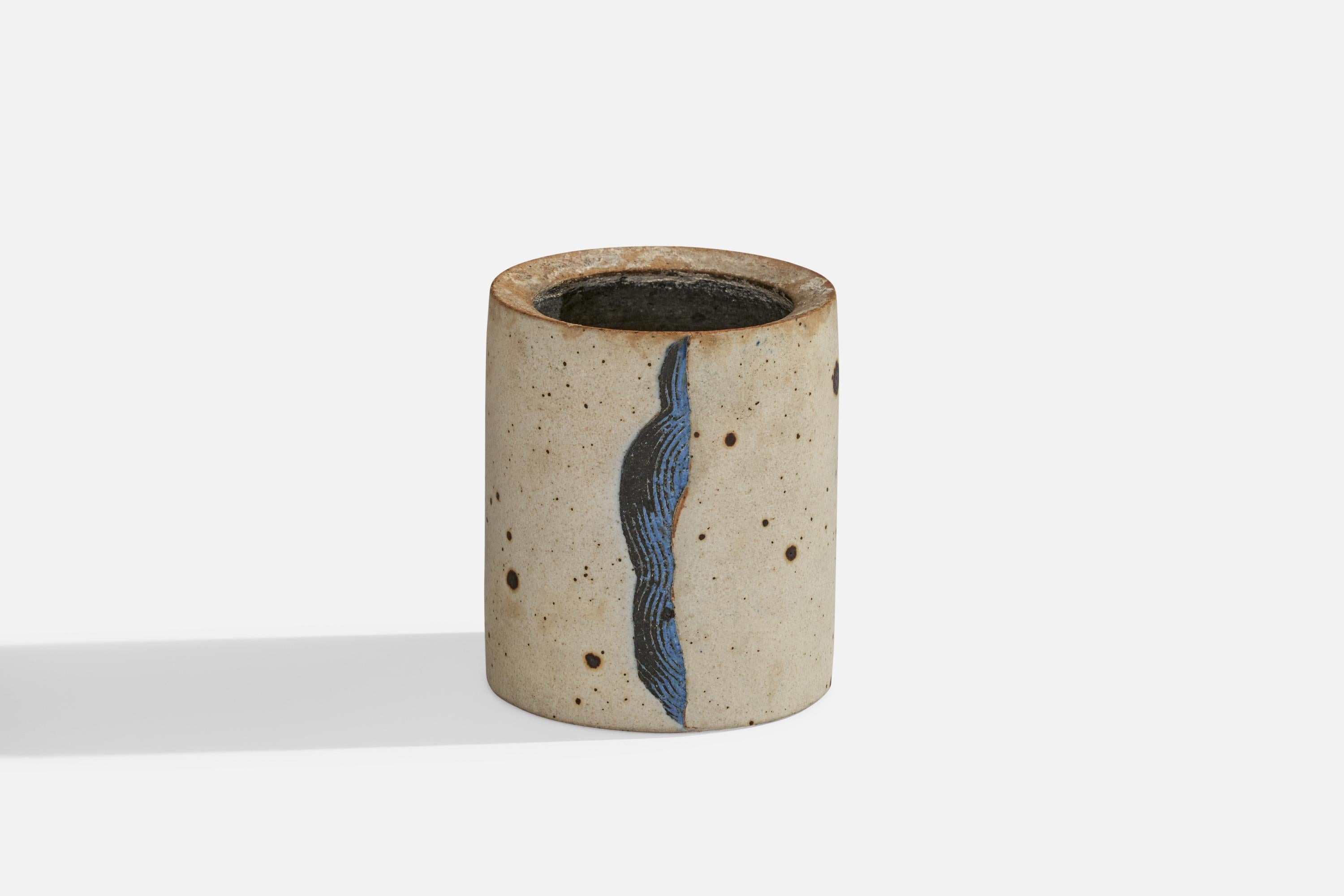 A grey and blue ceramic vase designed and produced by Bodil Manz, Denmark, c. 1980s.