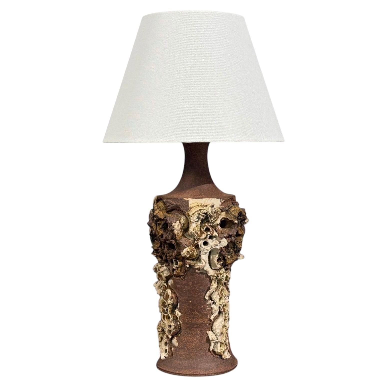 Bodil Marie Nielsen, Large Brutalist Table Lamp, Brown Stoneware, Denmark, 1960s