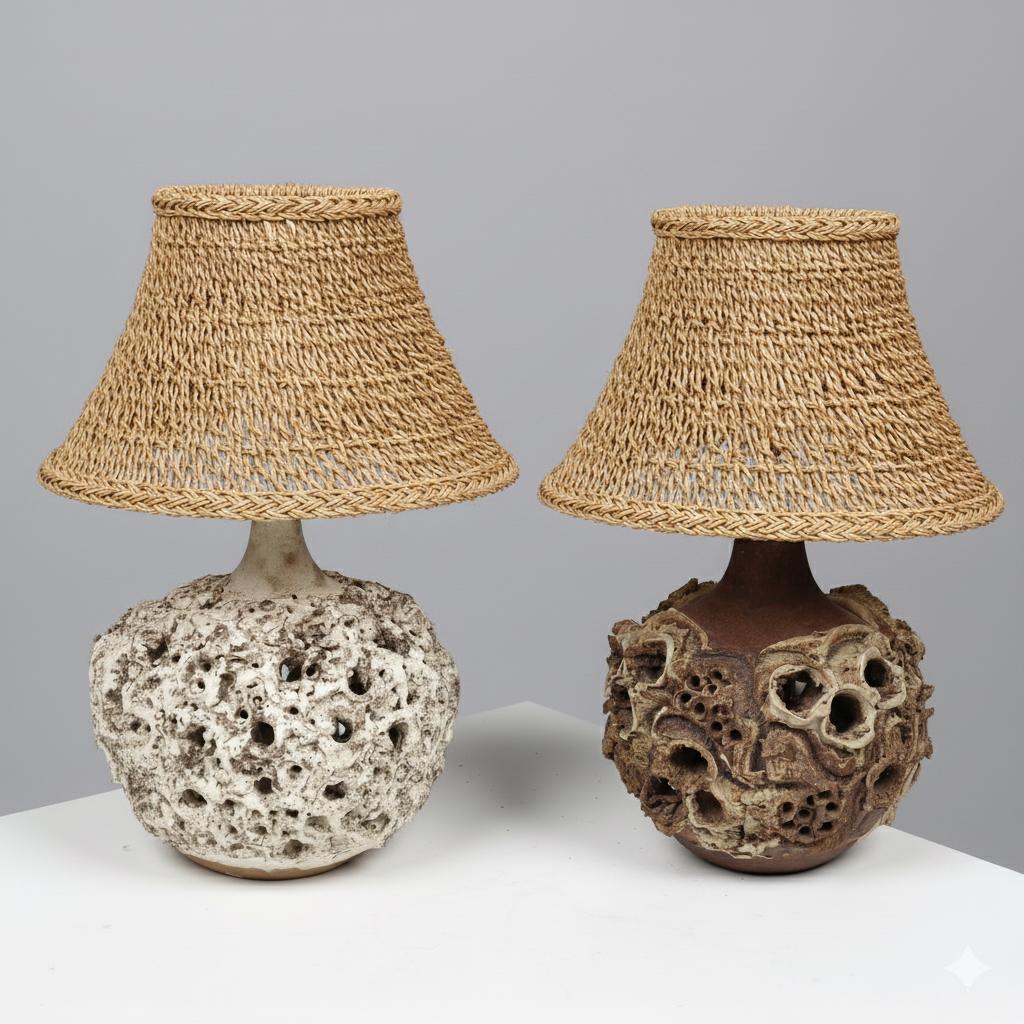 Bodil  Lampe de table Marie Nielsen céramique brutaliste Danemark 1960 Signé
Une fausse paire de lampes en céramique, saisissante et unique, créée par les artistes Bilal, Marie Neil et Hossein. Exécutées dans un style brutaliste, ces lampes