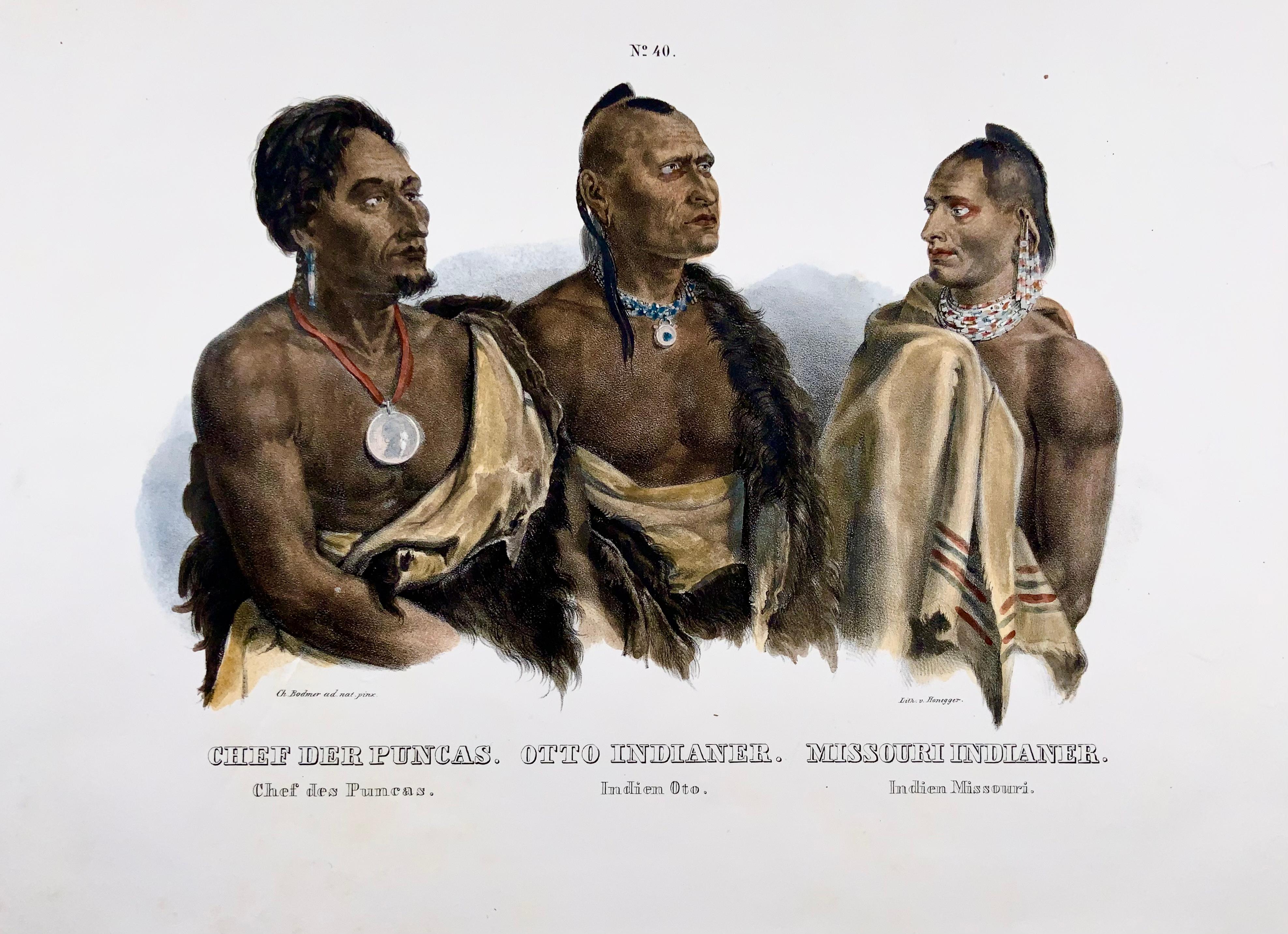 Etched Bodmer Native Americans, Oto Missouri Puncas, Folio Handcolored Stone Lithograph For Sale