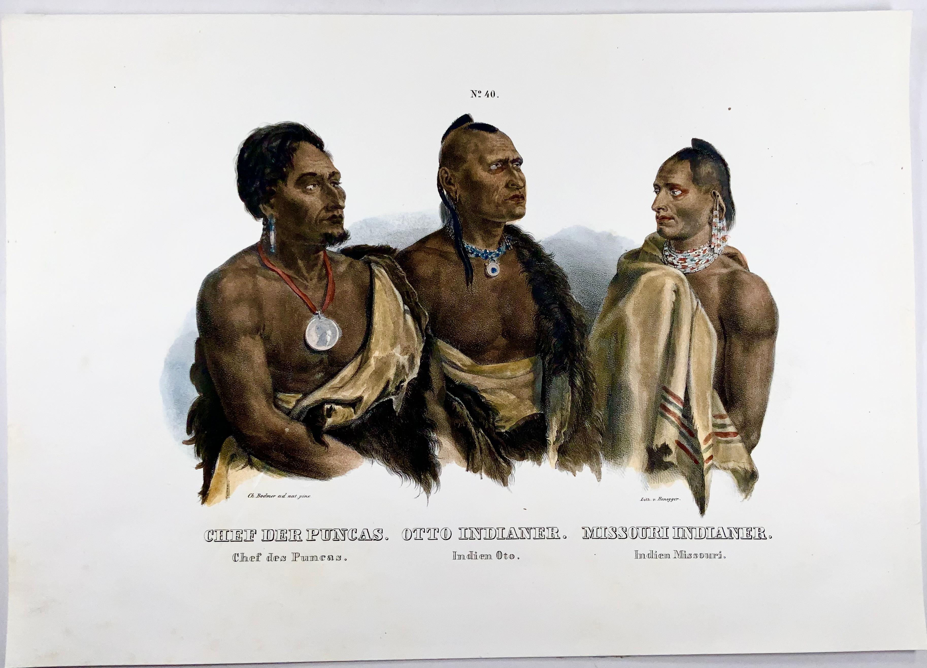 Bodmer Native Americans, Oto Missouri Puncas, Folio Handcolored Stone Lithograph In Good Condition For Sale In Norwich, GB