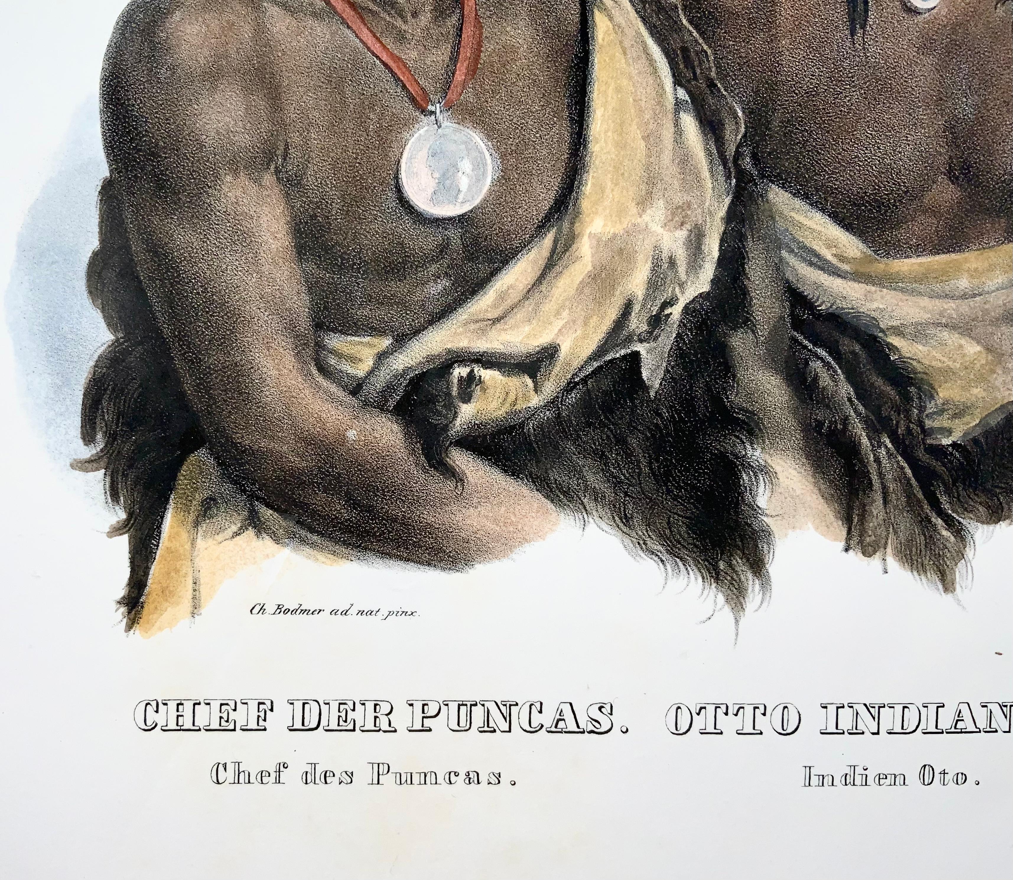 Mid-19th Century Bodmer Native Americans, Oto Missouri Puncas, Folio Handcolored Stone Lithograph For Sale