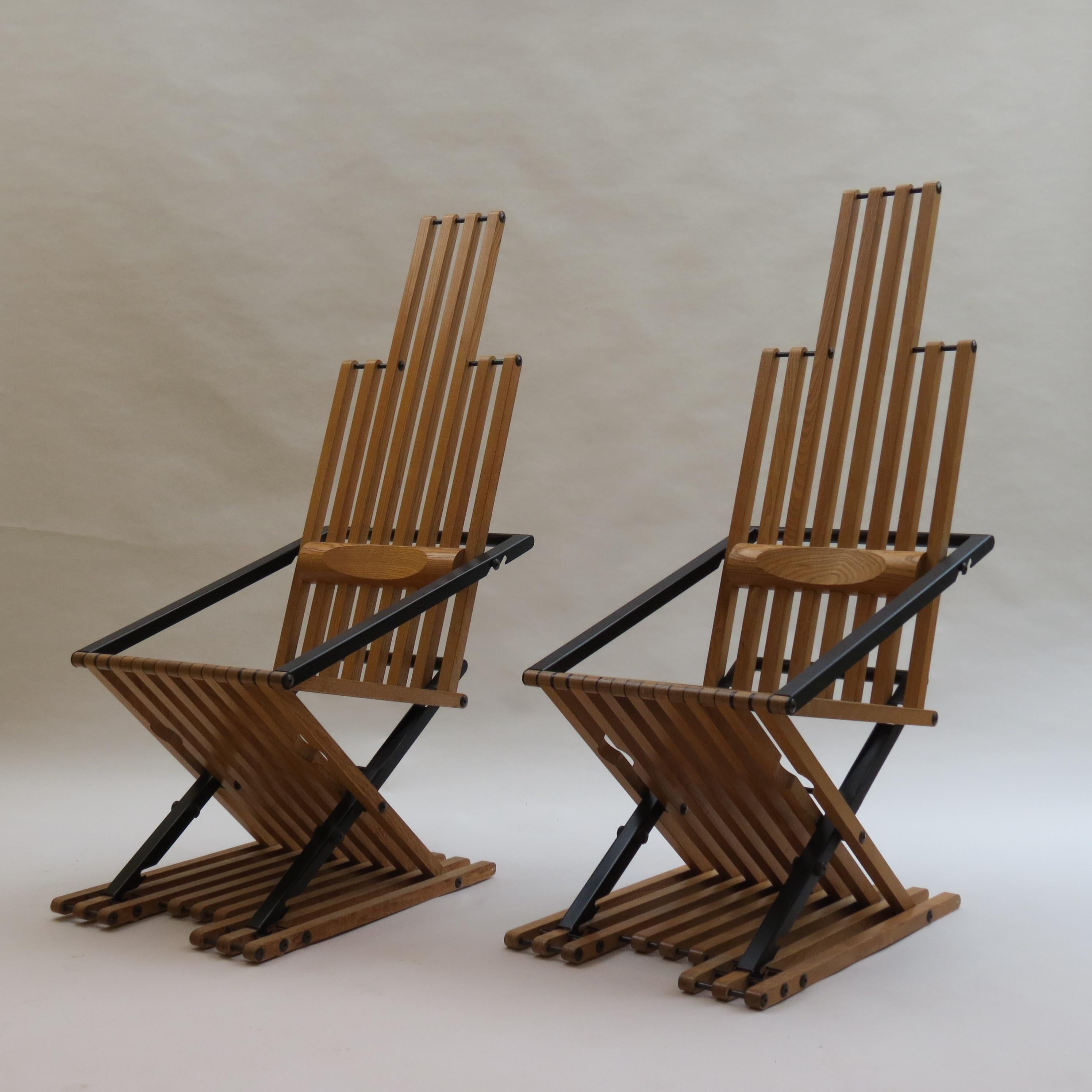 An important and rare pair of chairs designed by Jim Warren and produced by Pearl Dot, England, they date from 1979. Very cleverly designed to reflect the whole human body, in its function and the positions the human body may pose in the practice of