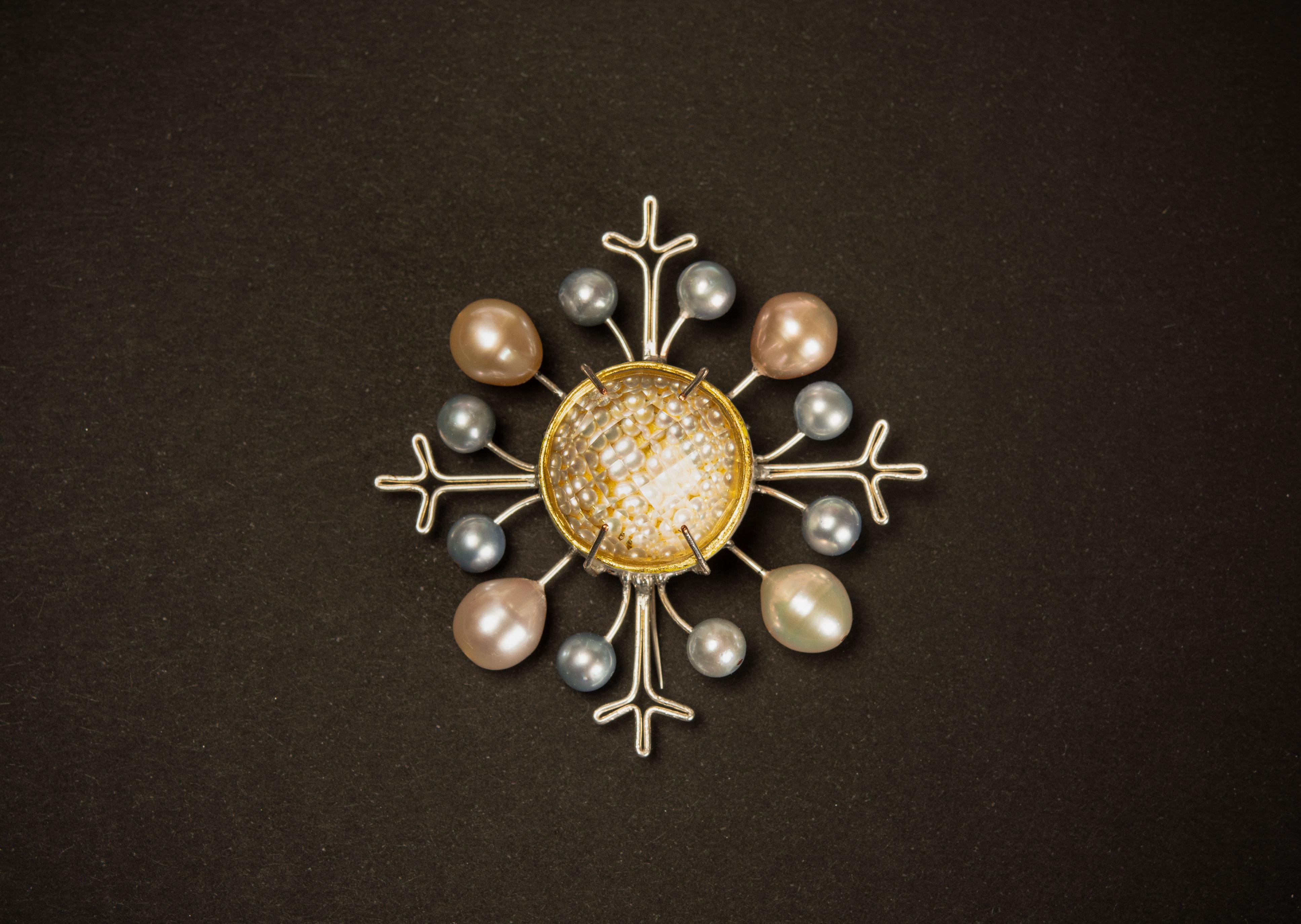 Contemporary Bodyfurnitures Brooch: Transparency View with Rock Crystal with Pearls, Silver For Sale