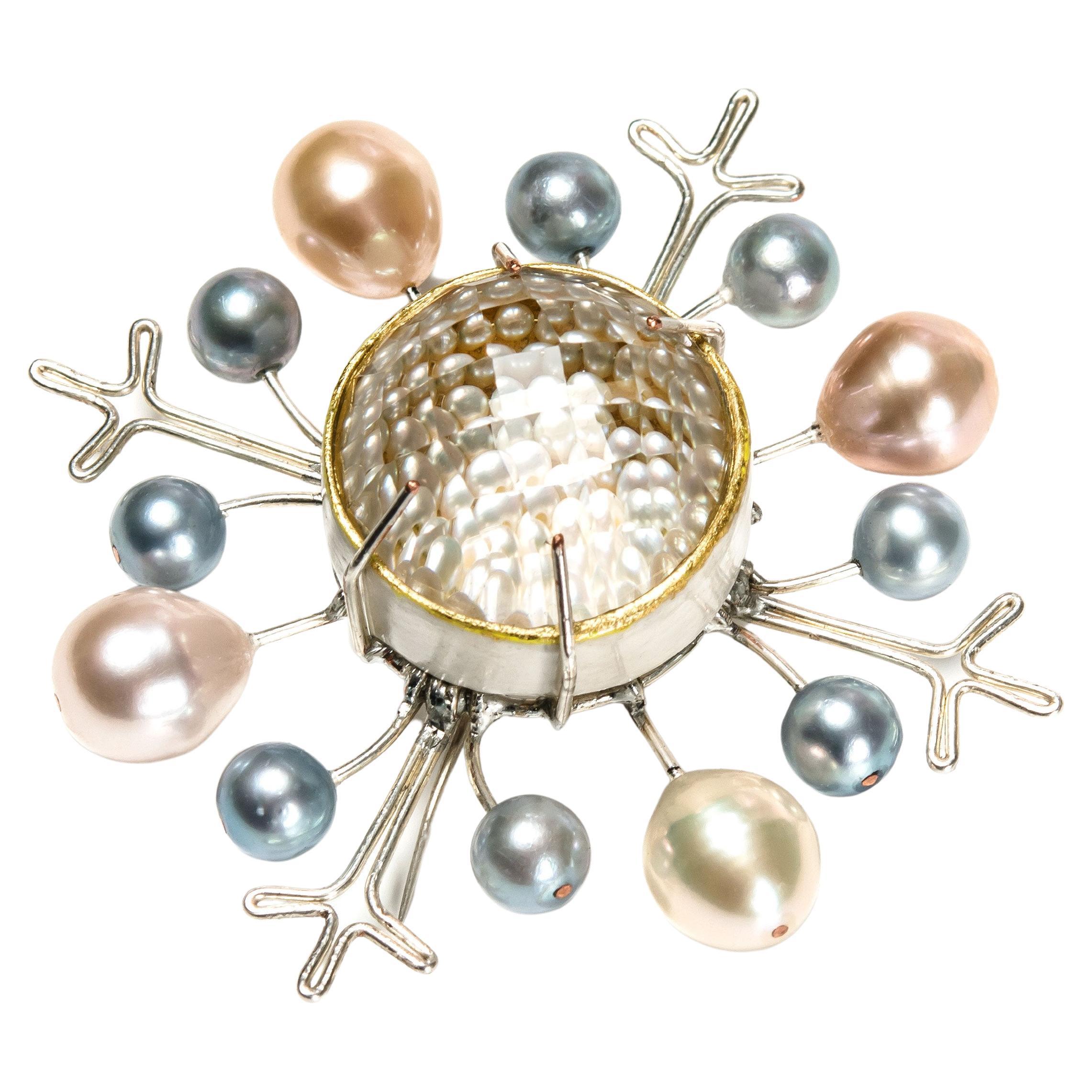 Bodyfurnitures Brooch: Transparency View with Rock Crystal with Pearls, Silver For Sale