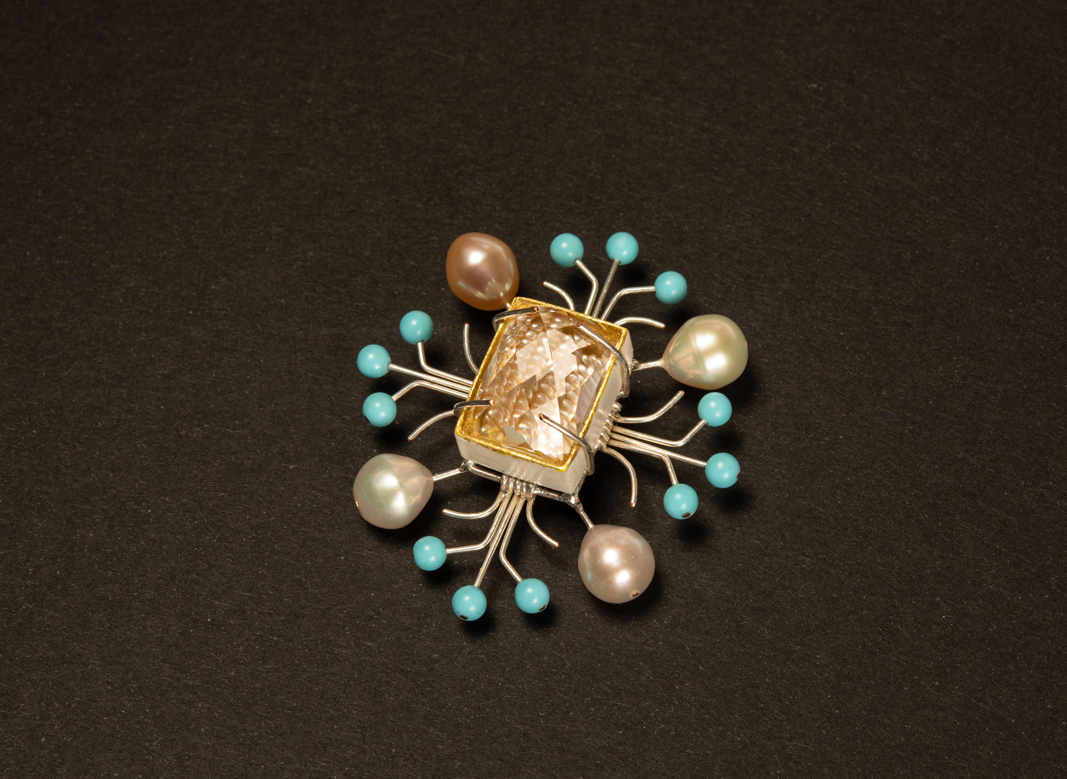 Brooch “Artis”, 2018, is a one-of-a-kind contemporary author jewelry by italian artist Gian Luca Bartellone.
Materials: papier-mâché, silver, silver-plated copper, rock crystal, pearls, turquoise paste, gold leaf 22kt.

Great appearance with the