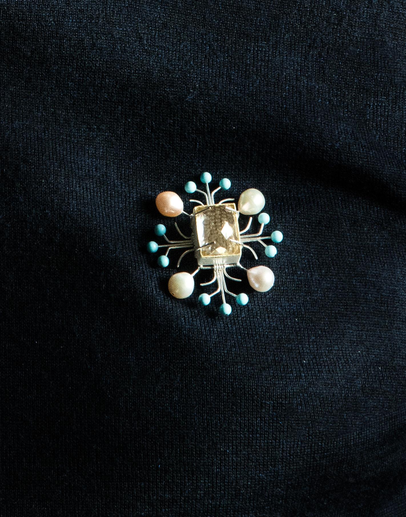 Round Cut Bodyfurnitures Brooch: Double View Rock Crystal with Pearls, Silver, Turquoise For Sale