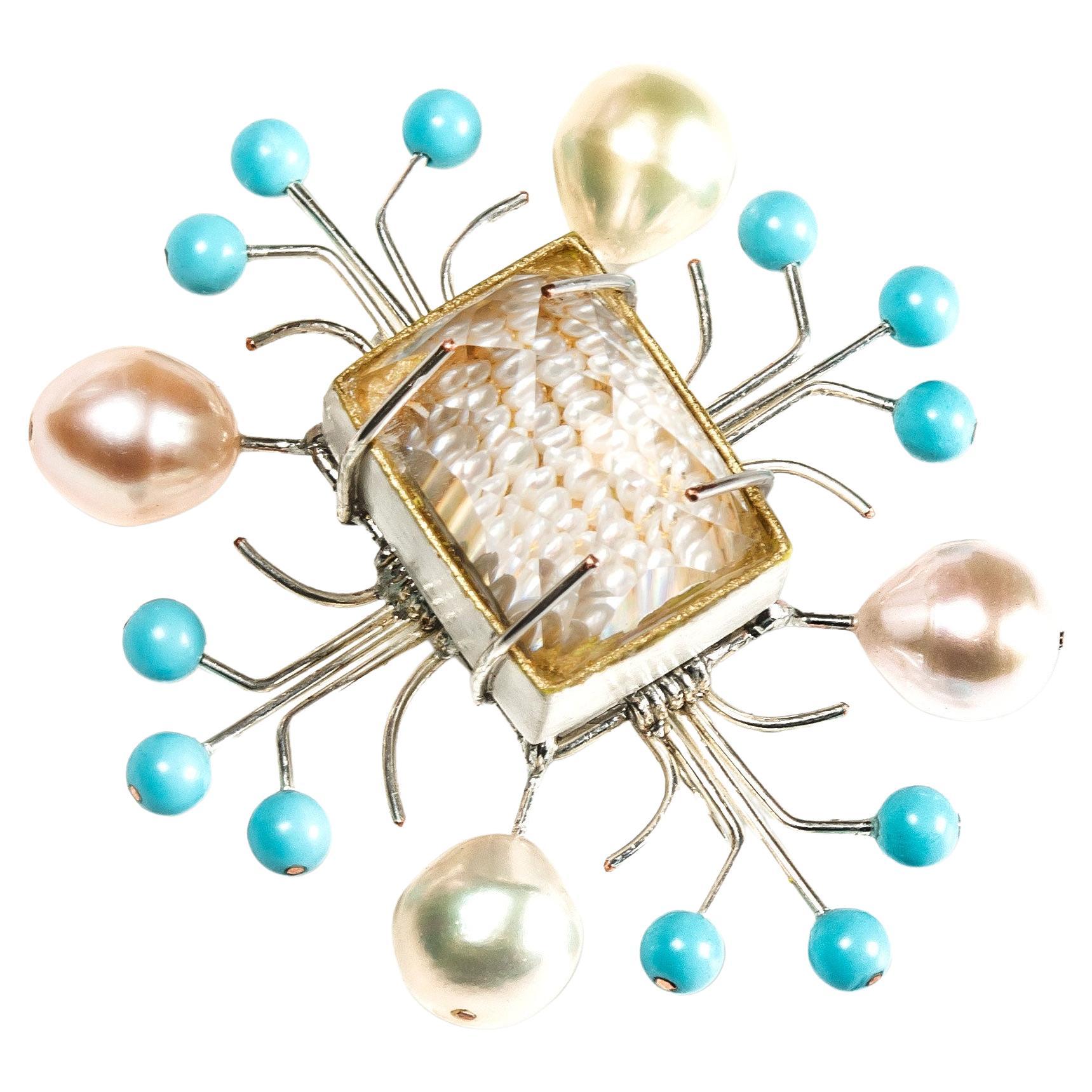 Bodyfurnitures Brooch: Double View Rock Crystal with Pearls, Silver, Turquoise