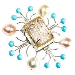 Broche Bodyfurnitures : Cristal de roche double vue avec perles, Silver, Turquoise