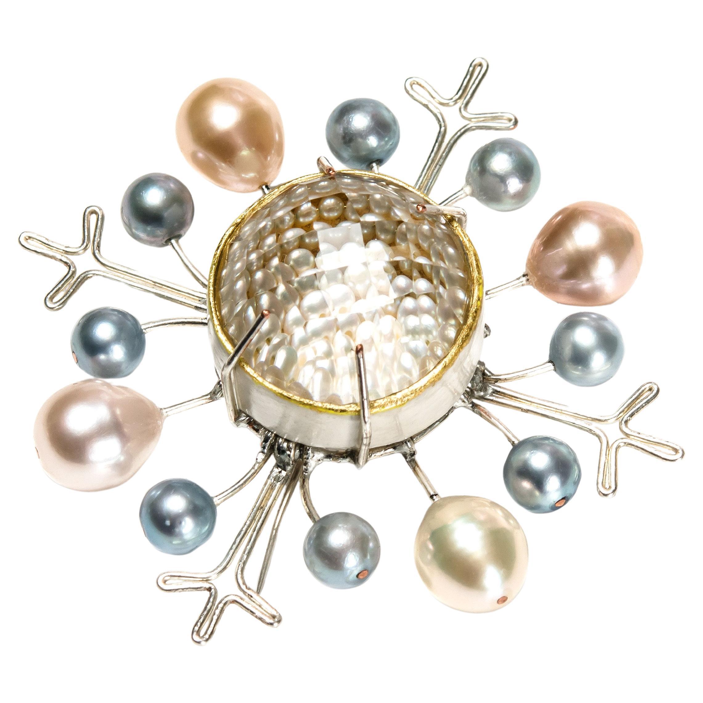 Bodyfurnitures Brooch: Transparency View Rock Crystal with Pearls, Silver For Sale