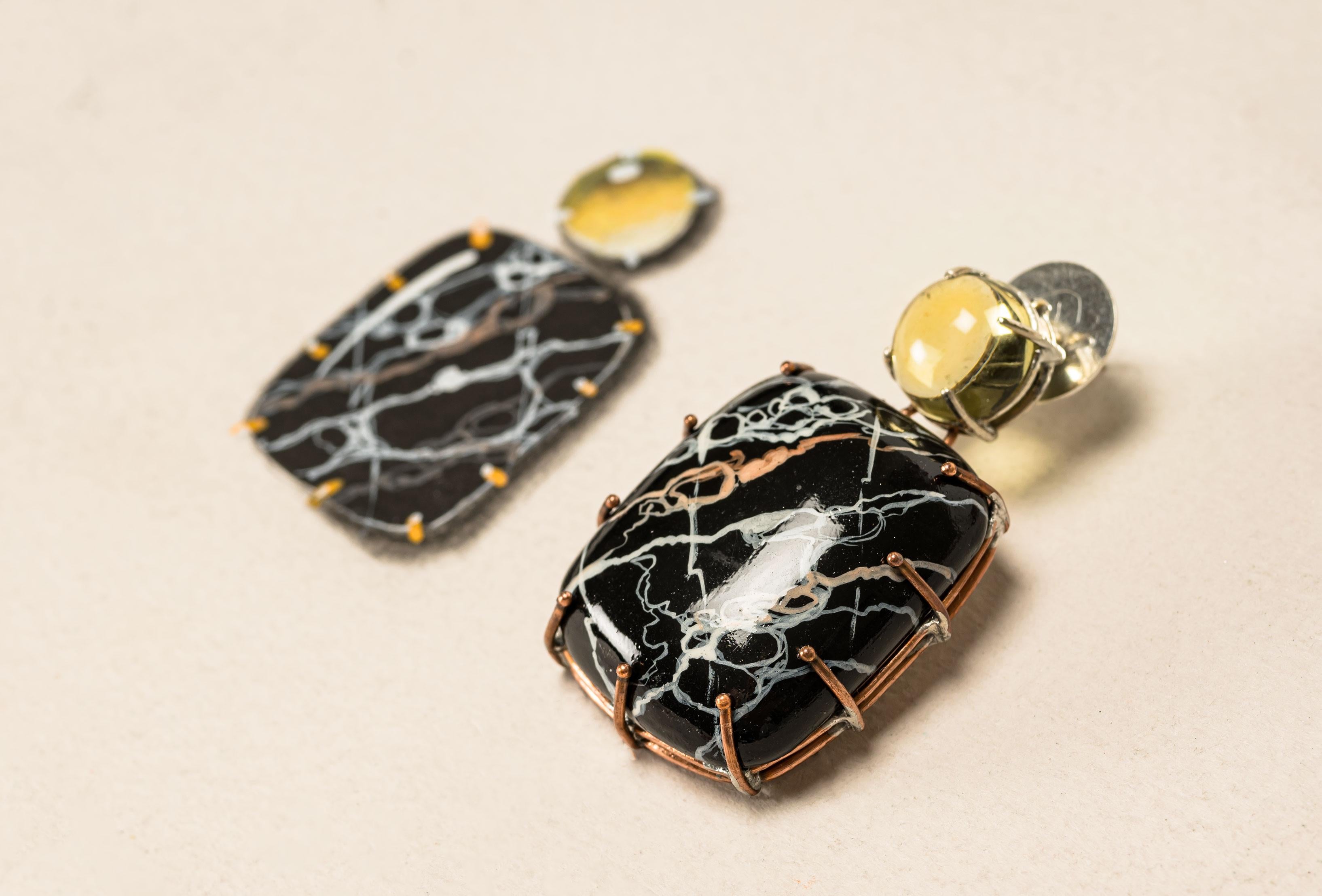Women's Bodyfurnitures Earrings, Black Marble Painting, Citrines, Gold, Silver, Copper For Sale