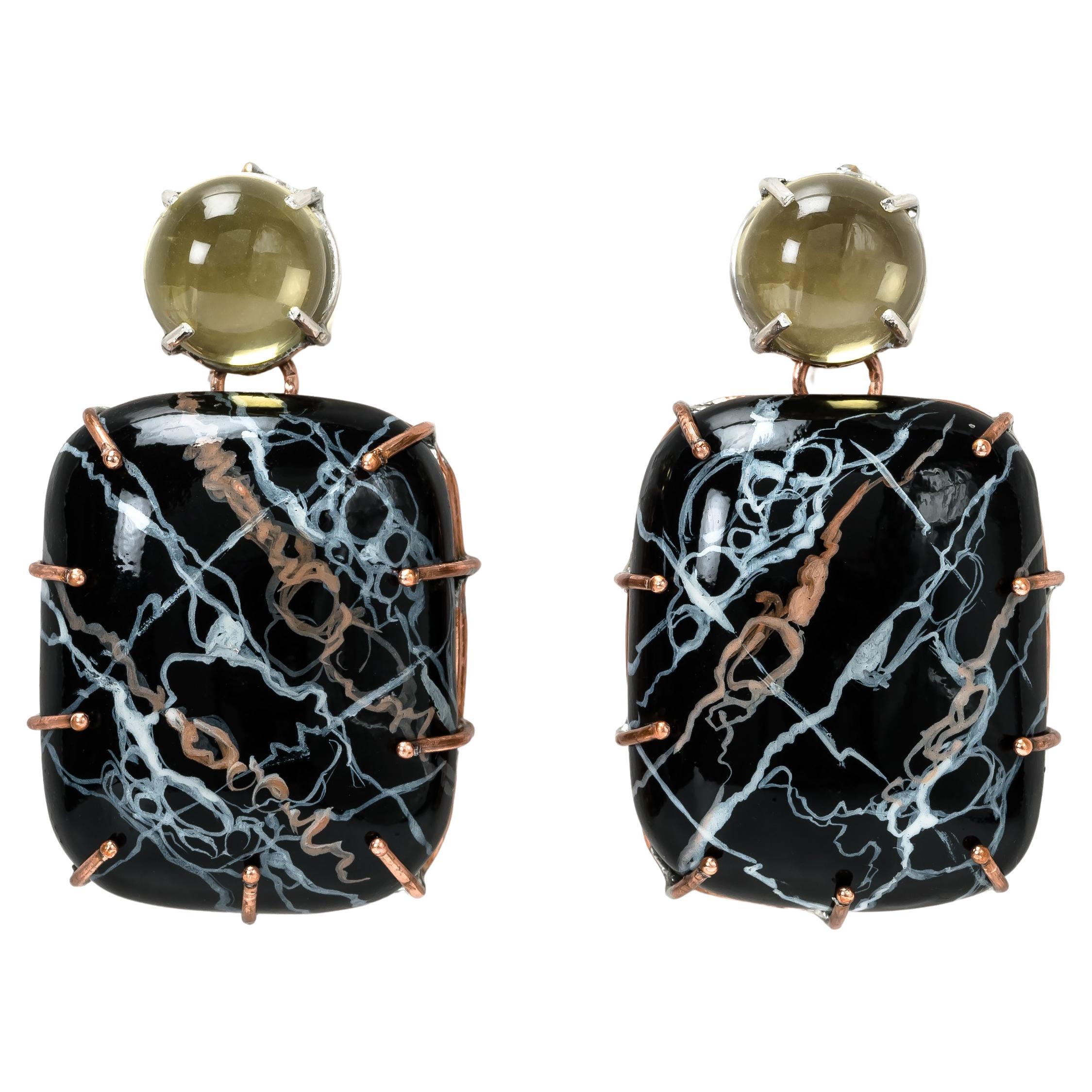 Bodyfurnitures Earrings, Black Marble Painting, Citrines, Gold, Silver, Copper For Sale