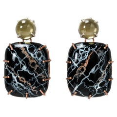 Bodyfurnitures Earrings, Black Marble Painting, Citrines, Gold, Silver, Copper