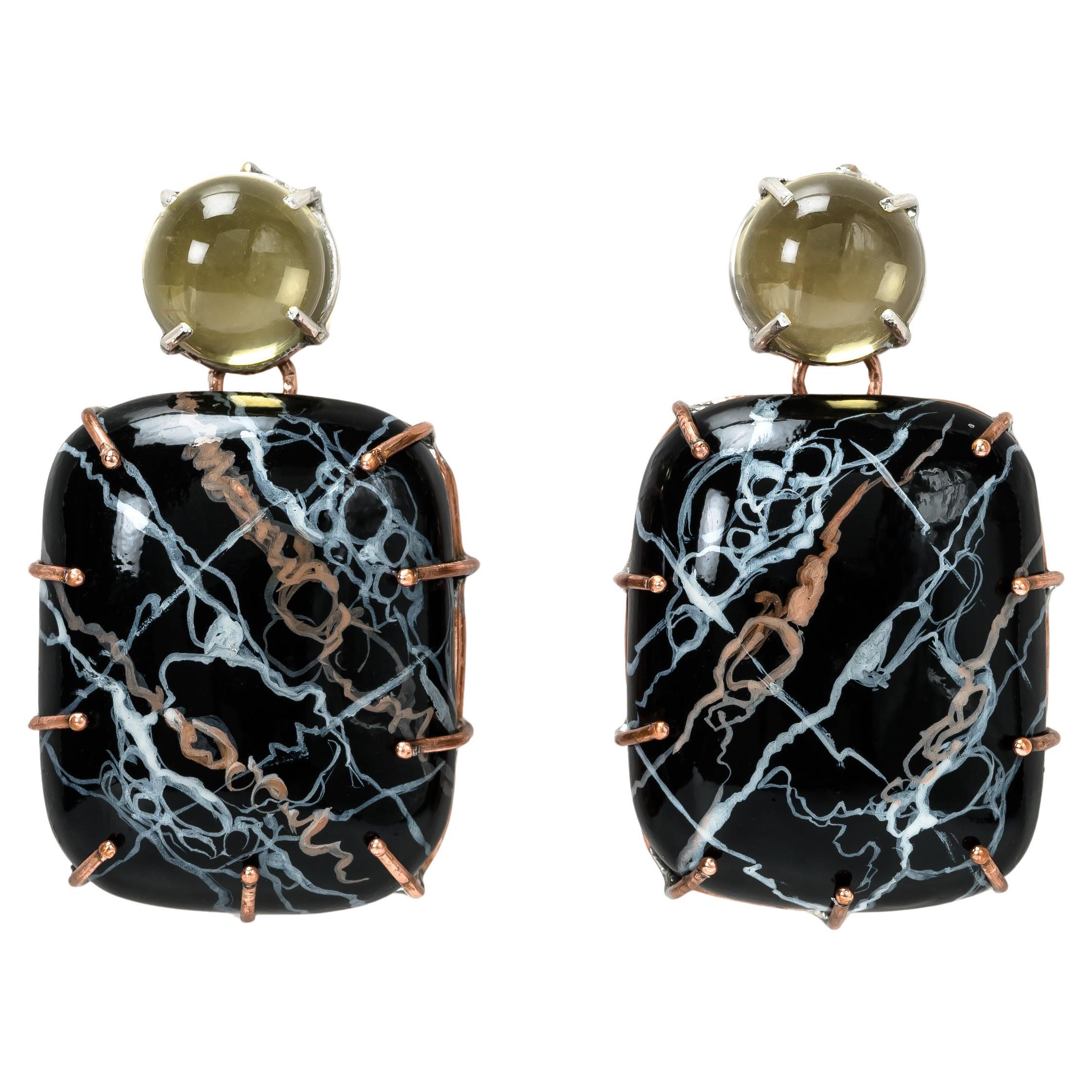 Bodyfurnitures Earrings, Black Marble Painting, Citrines, Gold, Silver, Copper