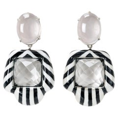 Bodyfurnitures Earrings, Dynamic White and Black Lines, Rock Crystal, Gold