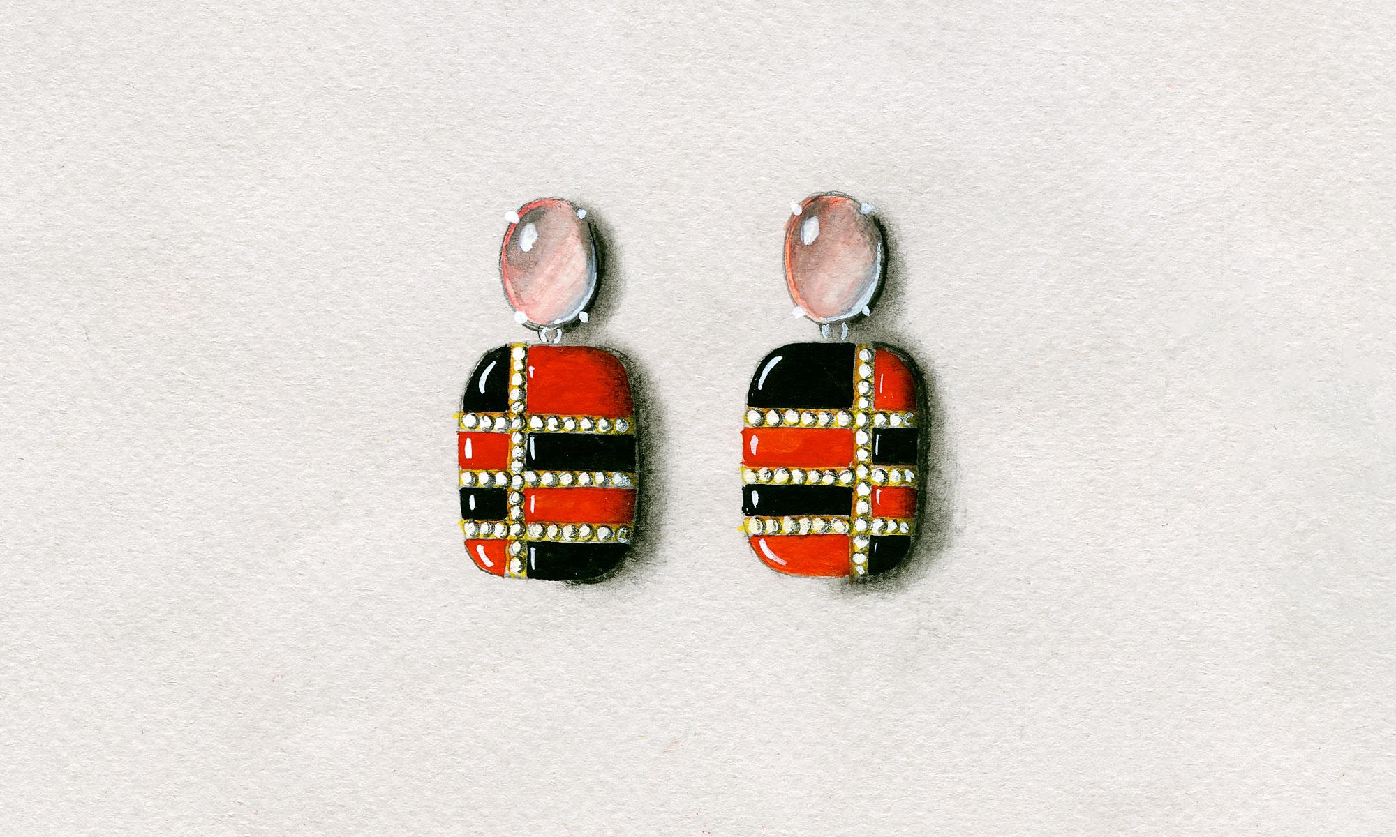 Bodyfurnitures Earrings, Elegant Red & Black Painting Rose Quartz Pearls Gold In New Condition For Sale In Bolzano, BZ