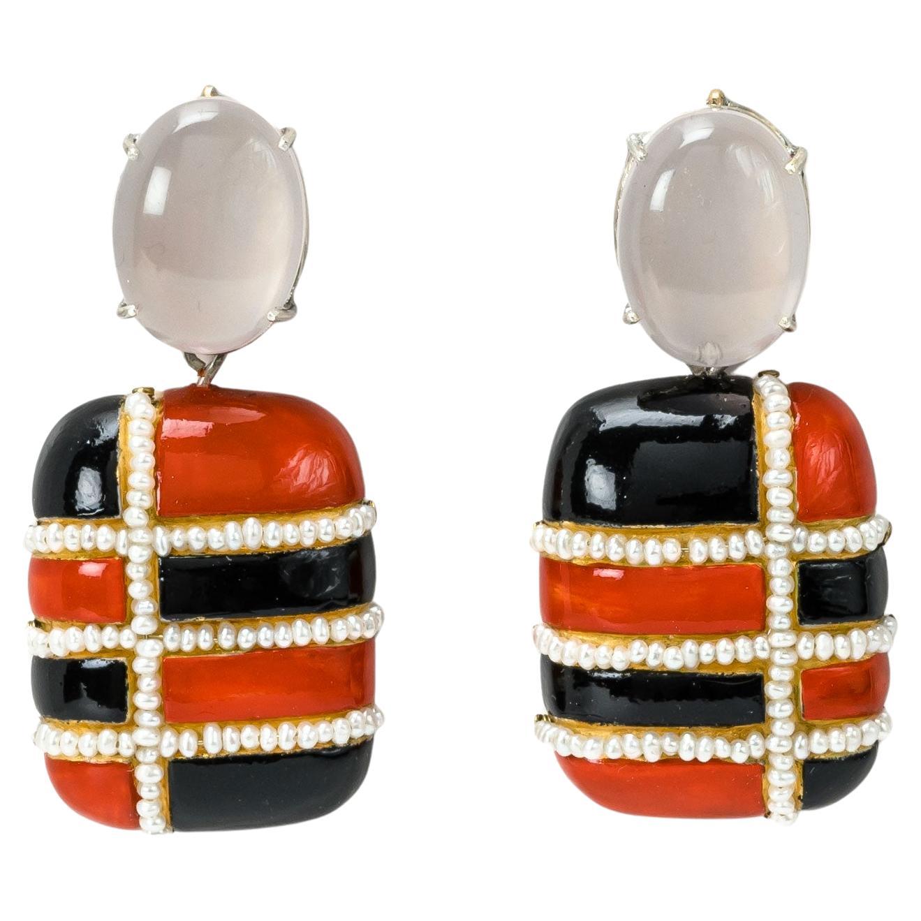 Bodyfurnitures Earrings, Elegant Red & Black Painting Rose Quartz Pearls Gold For Sale