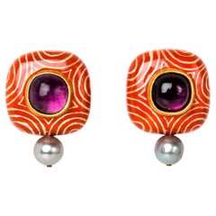 Bodyfurnitures Earrings, Hypnotic White Lines on Red, Amethyst, Pearl