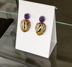 Bodyfurnitures Earrings, Marble Painting, Amethysts, Gold 18kt, Silver, Copper