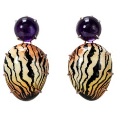Bodyfurnitures Earrings, Marble Painting, Amethysts, Gold 18kt, Silver, Copper