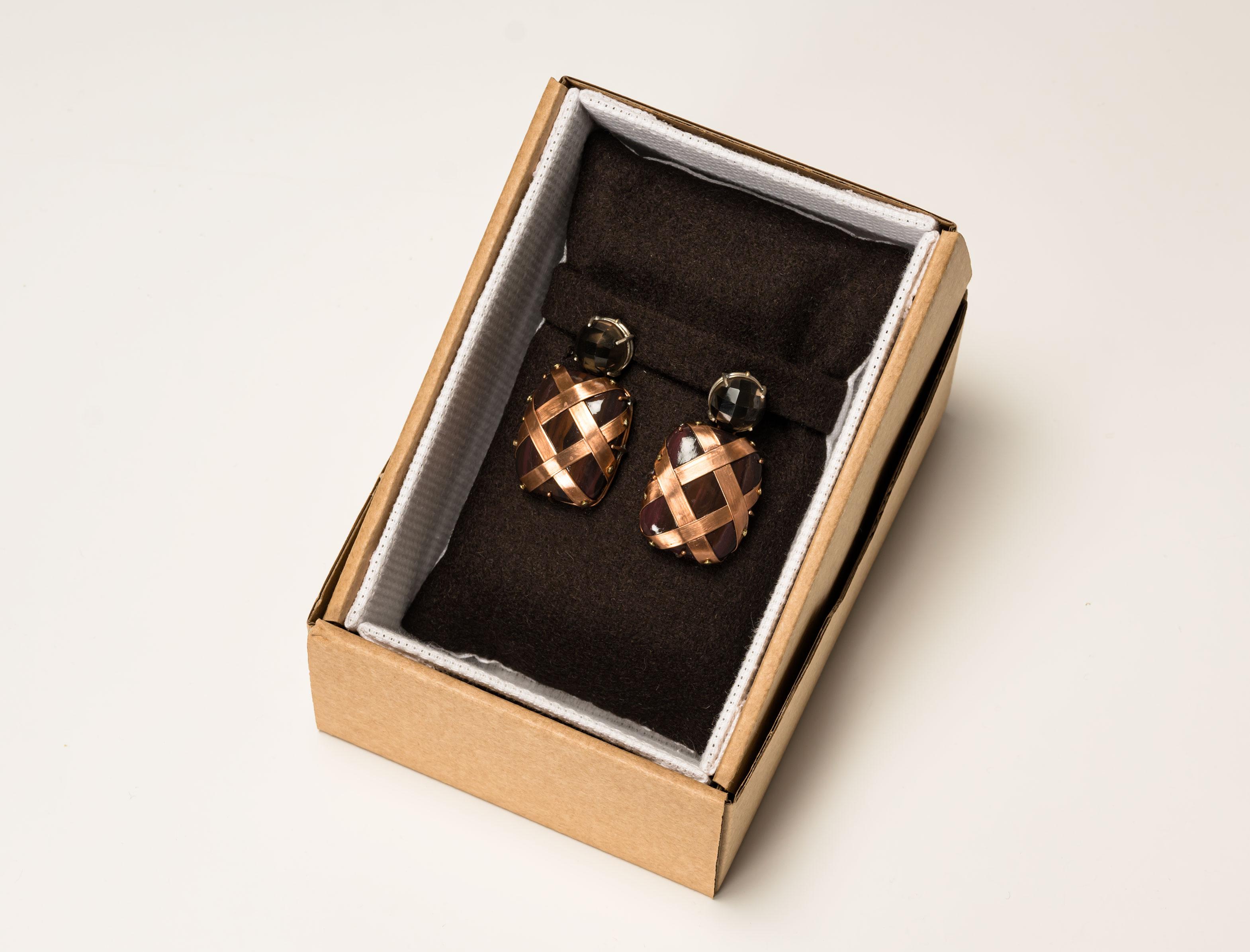 Contemporary Bodyfurnitures Earrings, Smoky Quartz, Gold 18kt, Silver, Copper braided bands For Sale