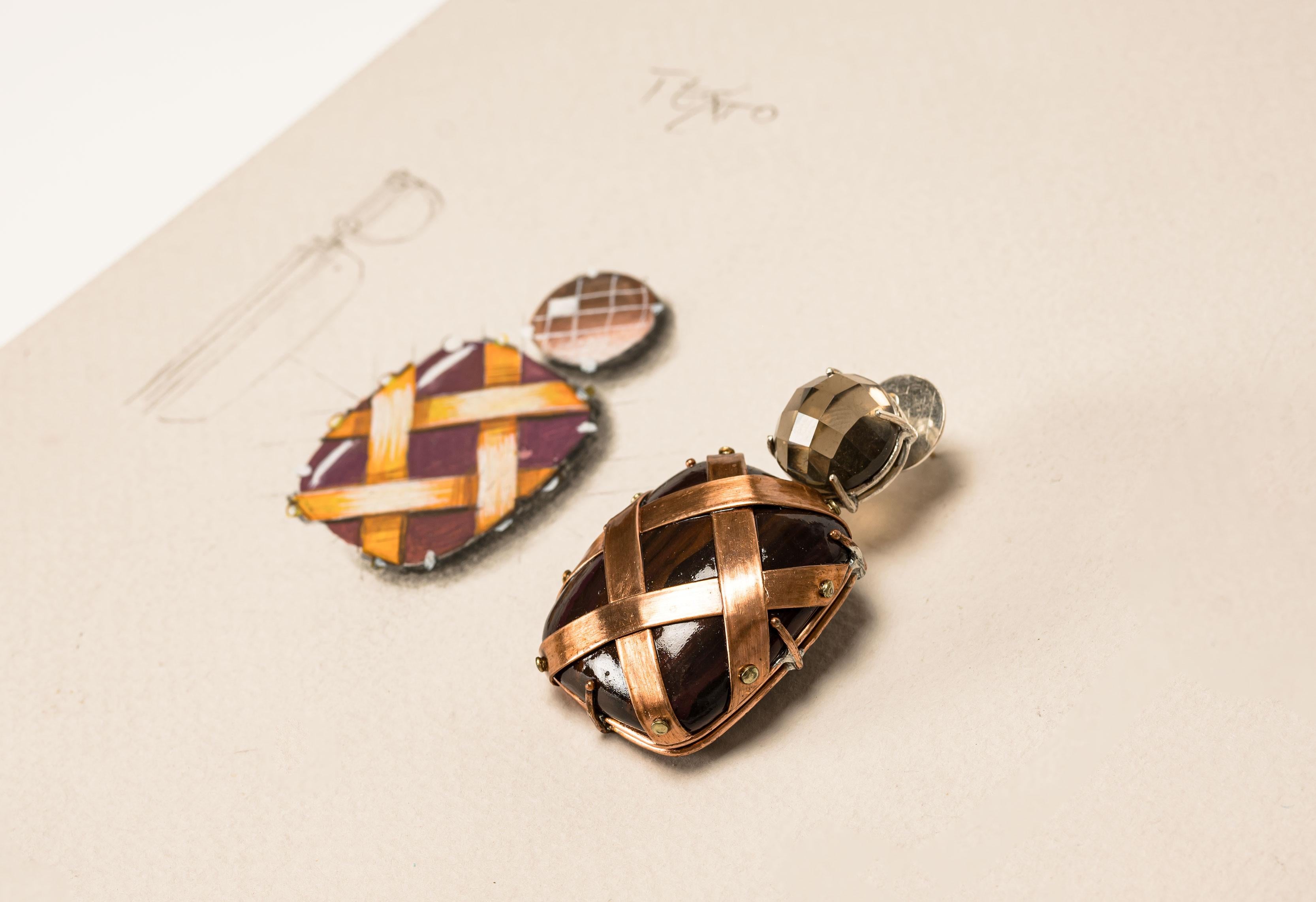 Bodyfurnitures Earrings, Smoky Quartz, Gold 18kt, Silver, Copper braided bands In New Condition For Sale In Bolzano, BZ
