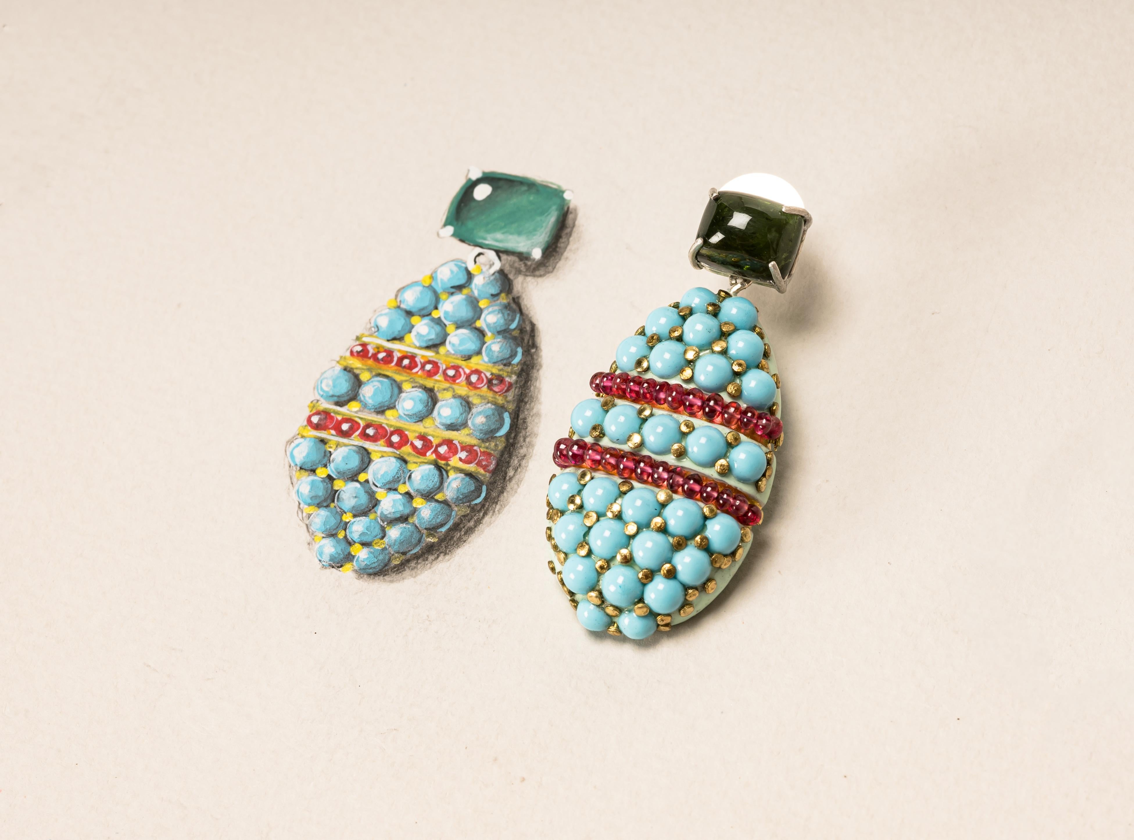 Contemporary Bodyfurnitures Earrings, Turquoise, Tourmalines, Rubellites, Gold, Silver For Sale
