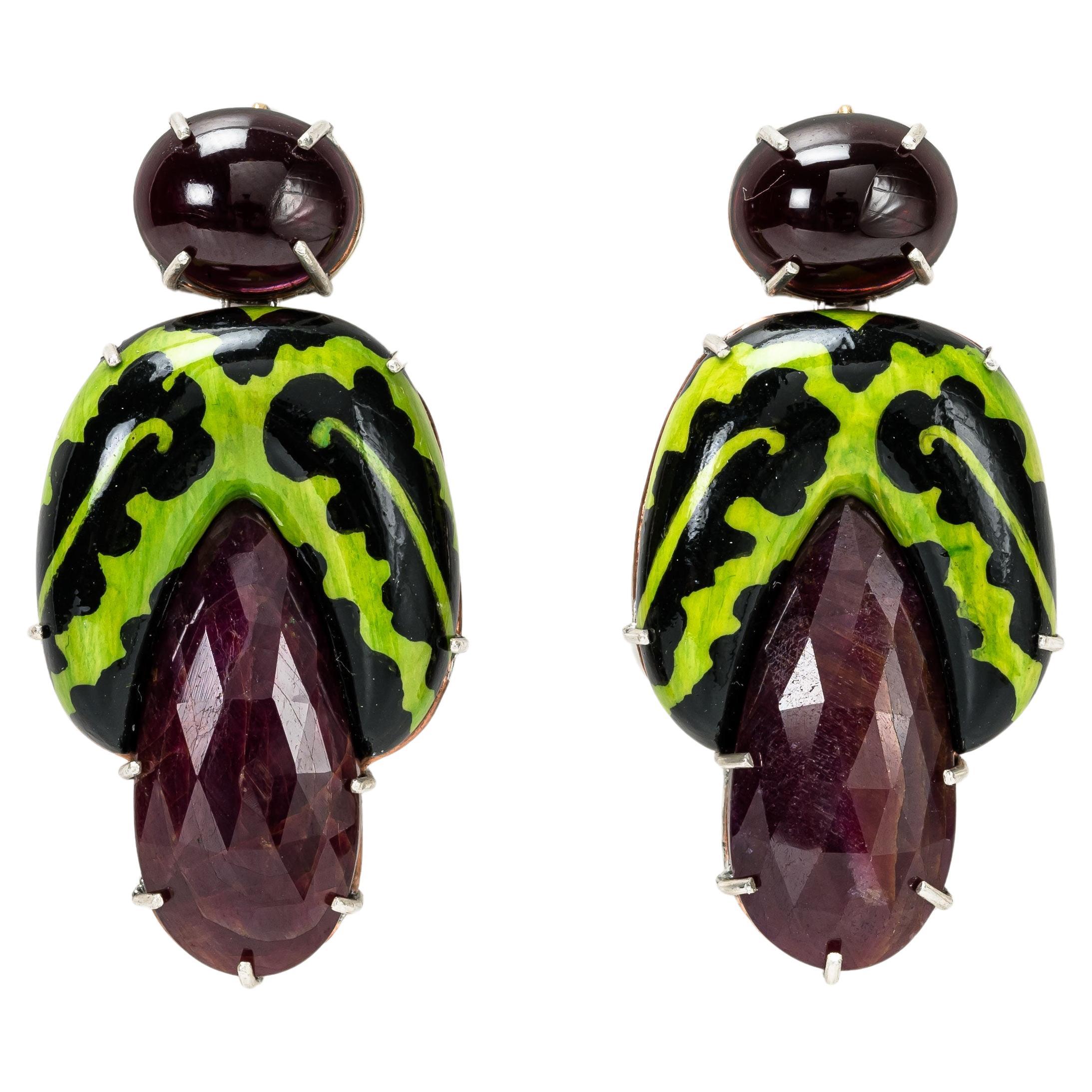 Bodyfurnitures Handpainted green and black Earrings, Gold, Corundum, Garnets