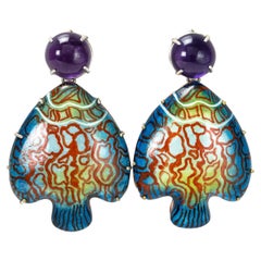 Bodyfurnitures Handpainted ”Tropical Fish“ Earrings, Gold, Silver, Amethysts