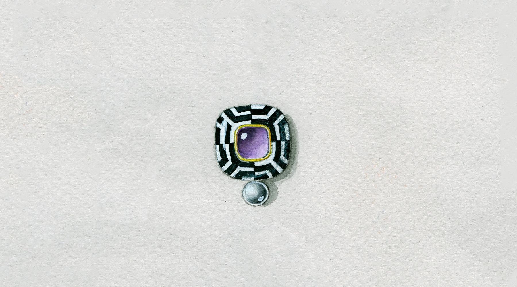 Cabochon Bodyfurnitures Hypnotic Black and White, Amethyst, Pearl, Silver, Stud Earrings For Sale