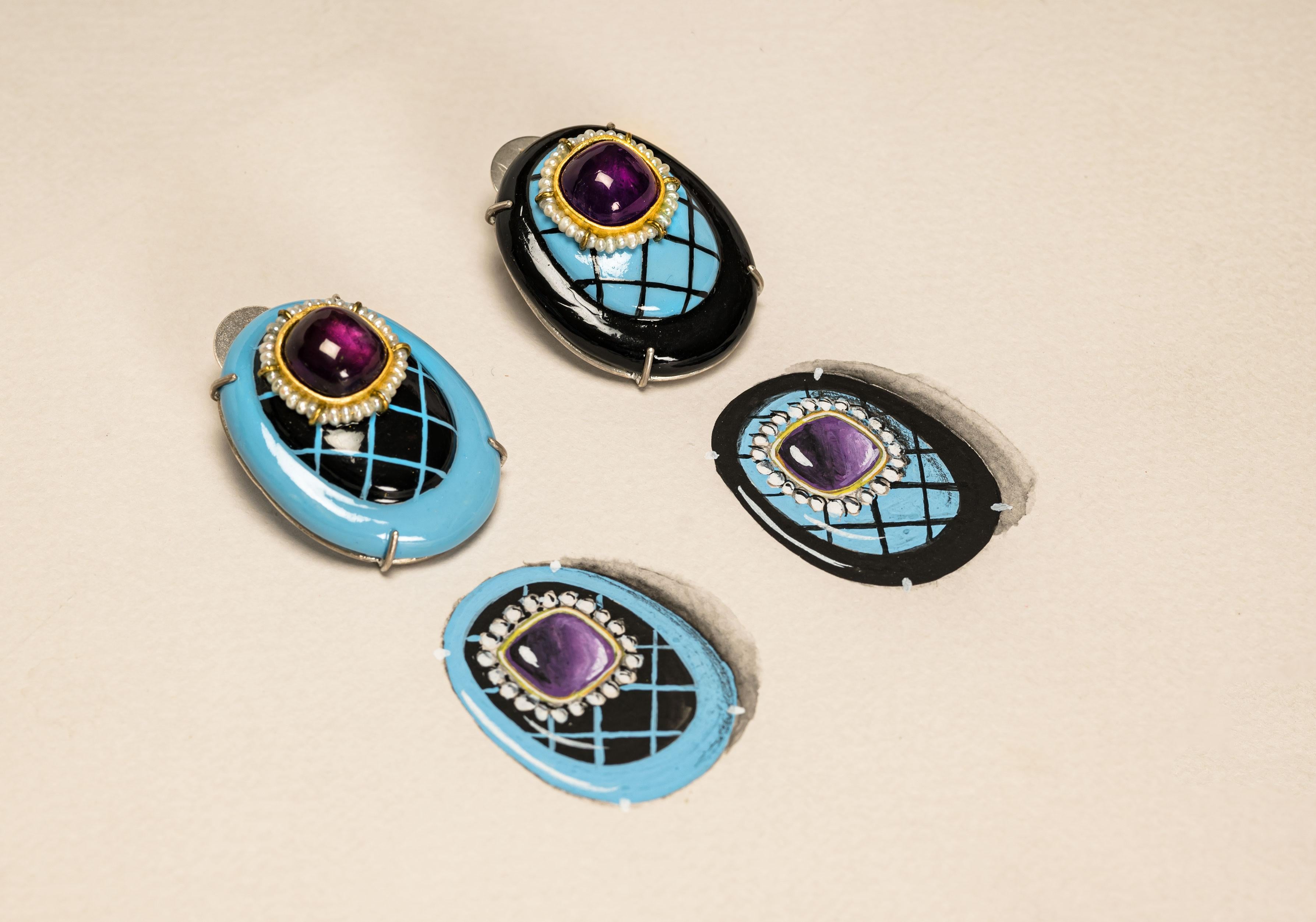 Bodyfurnitures Opposite colors Earrings, light blue and black, Amethyst, Pearls For Sale 1