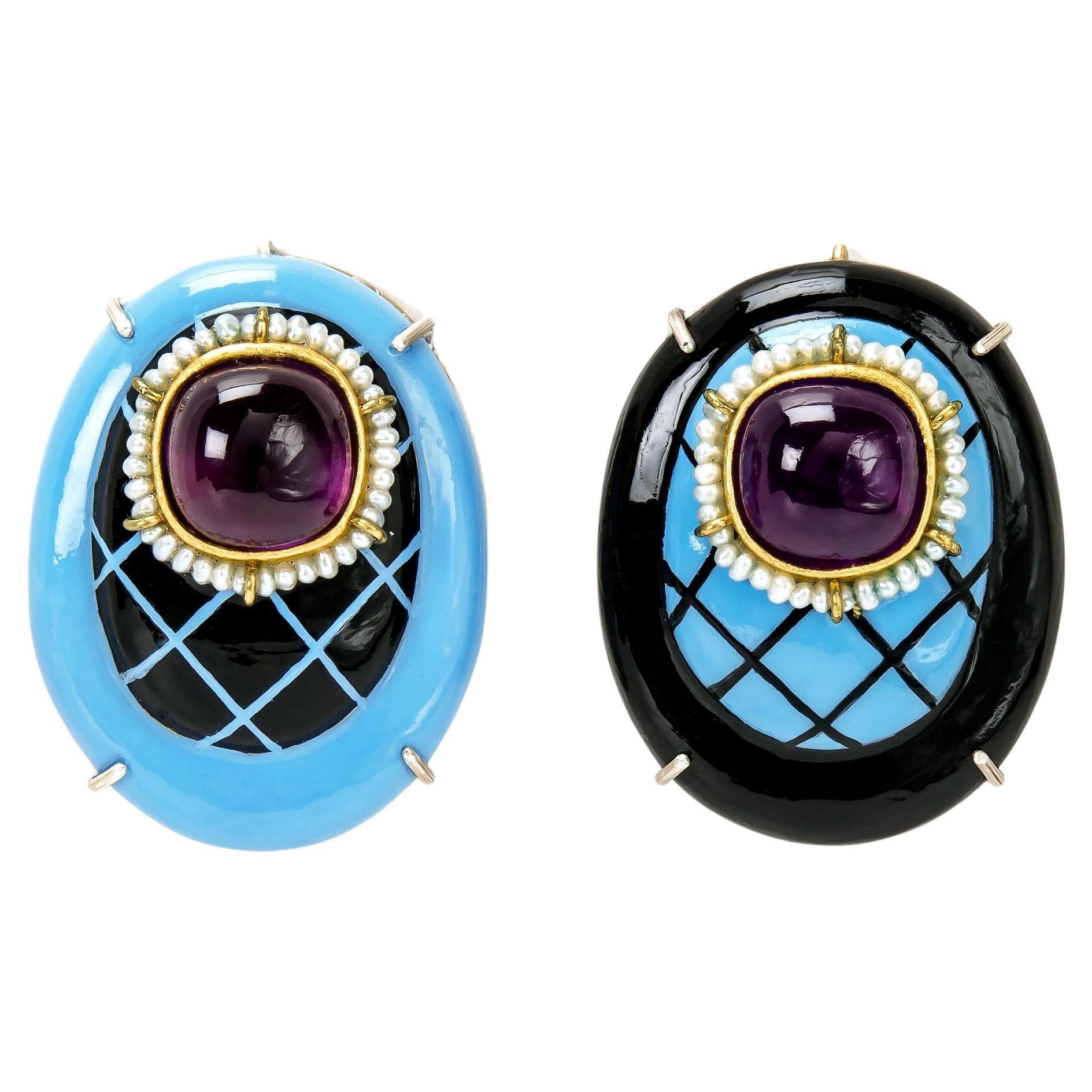 Bodyfurnitures Opposite colors Earrings, light blue and black, Amethyst, Pearls For Sale